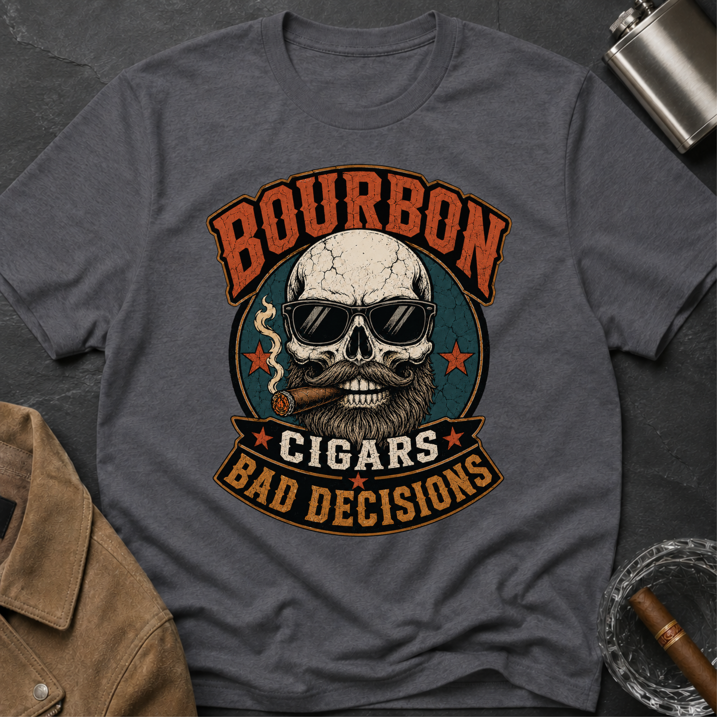 Bourbon Cigars Bad Decisions T-Shirt — Skull Vintage Bourbon Graphic Tee