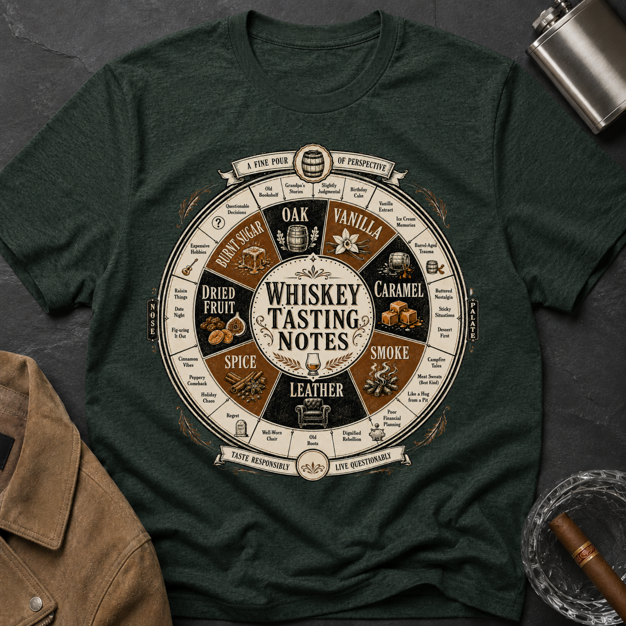 Whiskey Tasting Notes T-Shirt — Vintage Whiskey Flavor Wheel