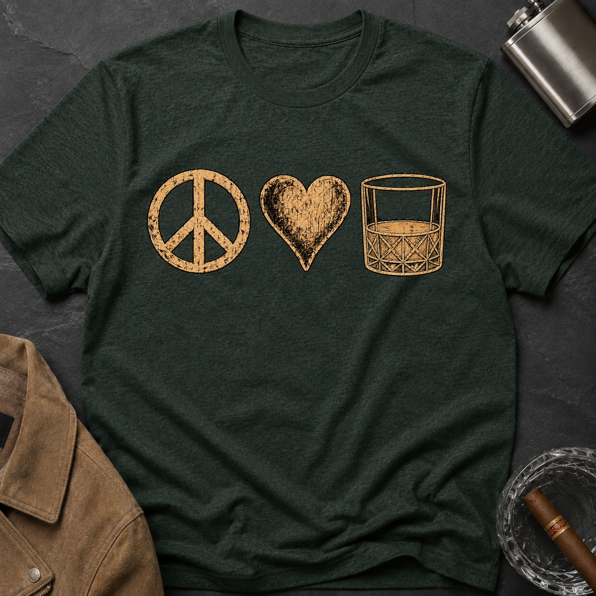 Peace Love Whiskey T-Shirt — Vintage Peace Sign Heart & Whiskey Glass Tee