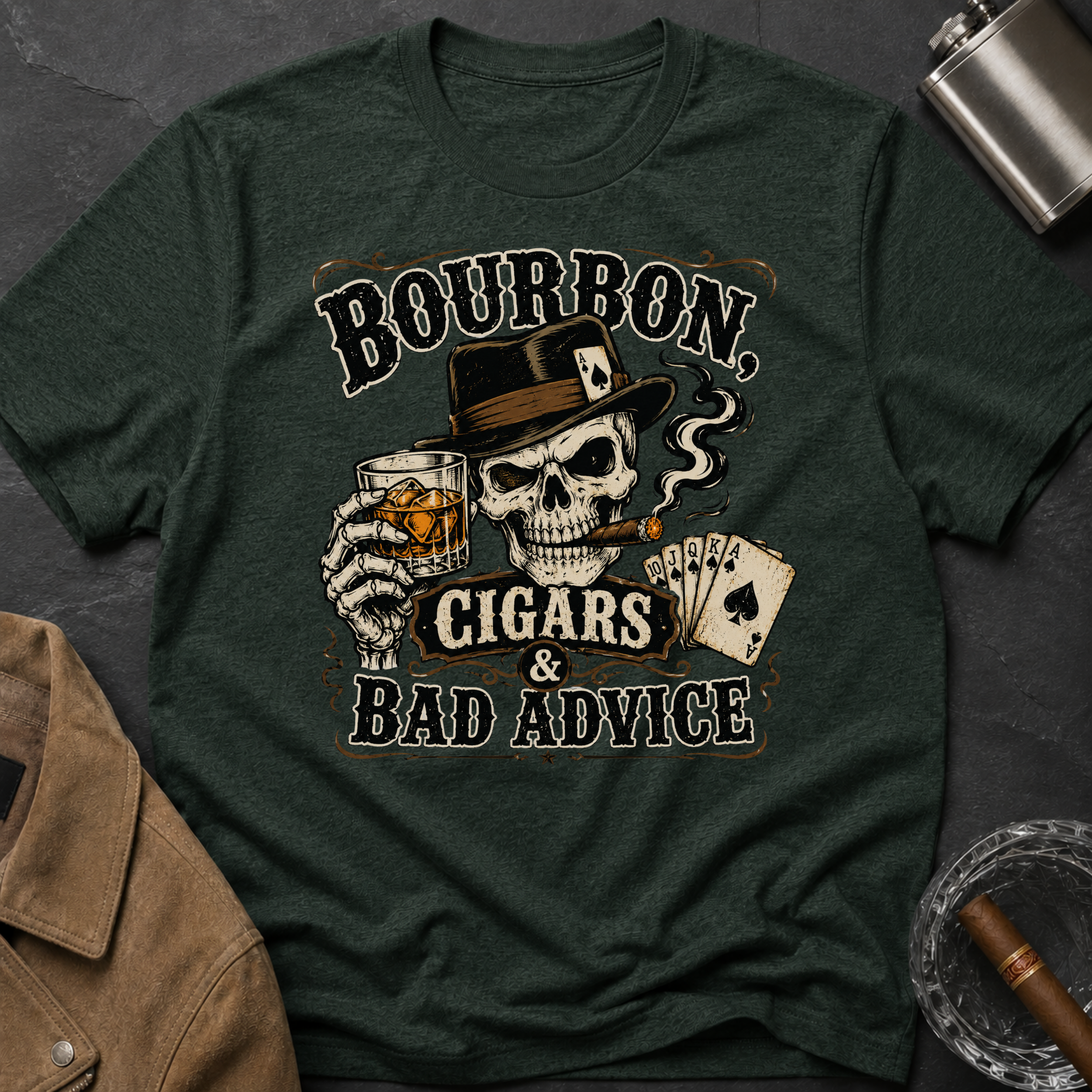 Bourbon, Cigars & Bad Advice T-Shirt — Skull Whiskey Bar Graphic Tee