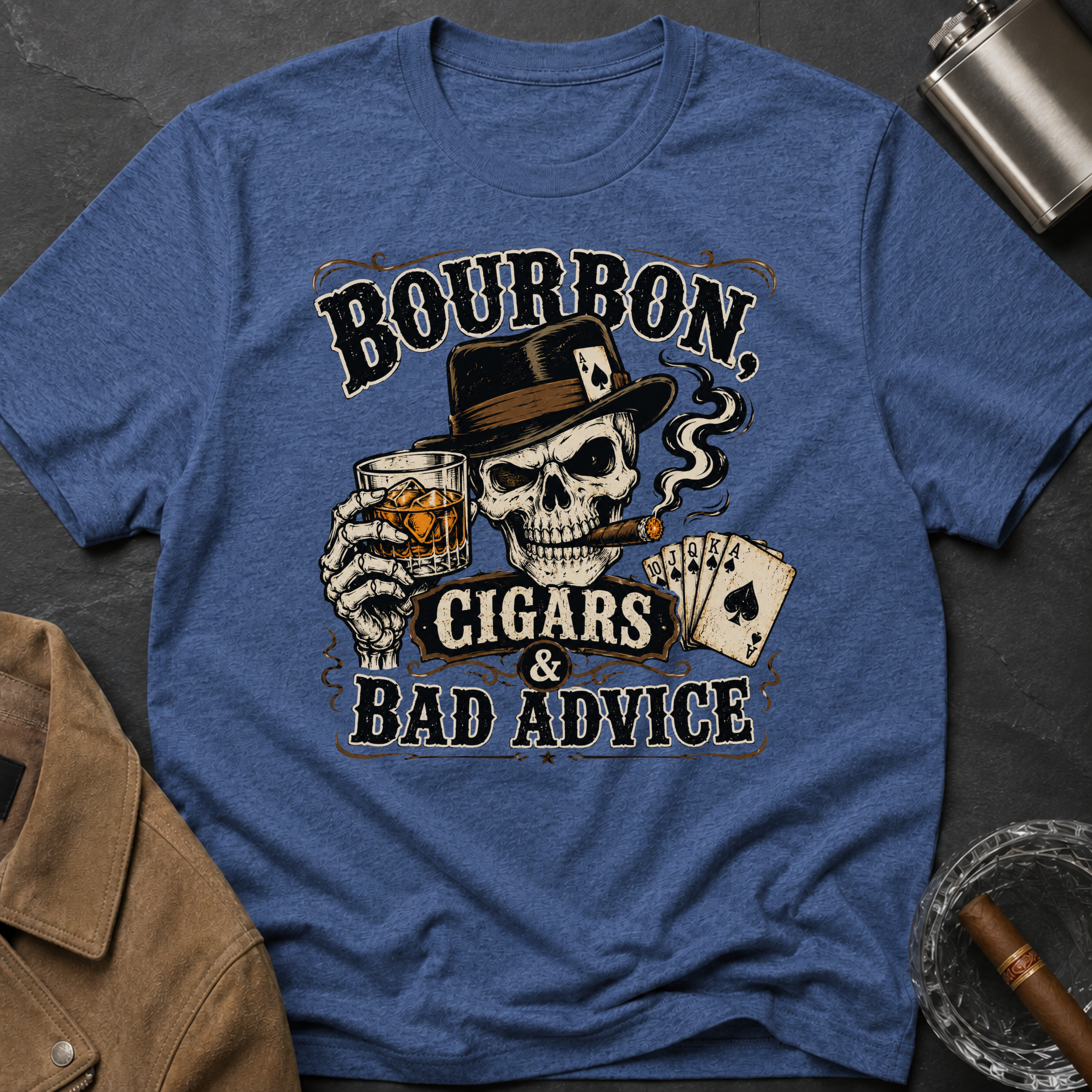Bourbon, Cigars & Bad Advice T-Shirt — Skull Whiskey Bar Graphic Tee