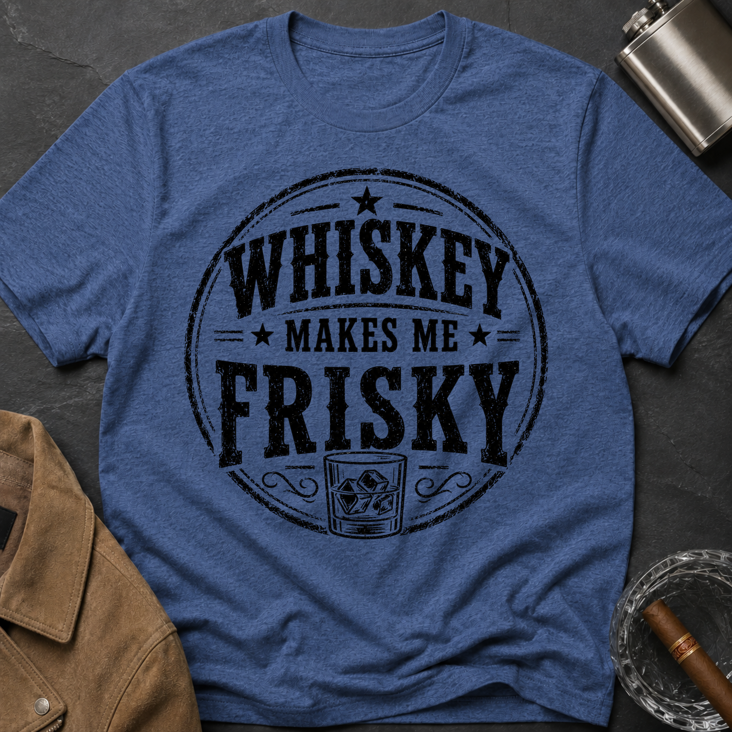 Whiskey Makes Me Frisky T-Shirt — Vintage Bar Drinking Graphic Tee