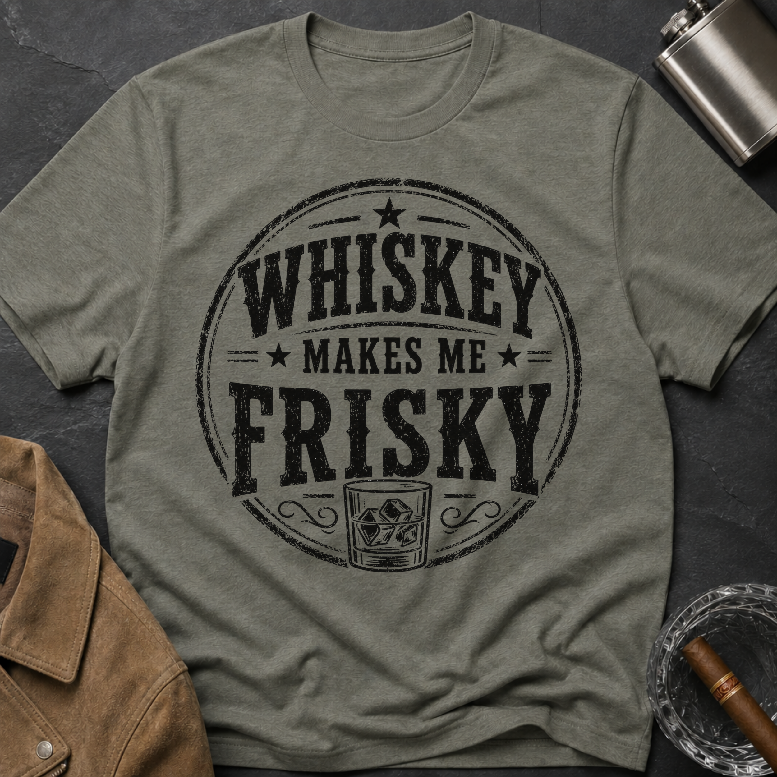 Whiskey Makes Me Frisky T-Shirt — Vintage Bar Drinking Graphic Tee
