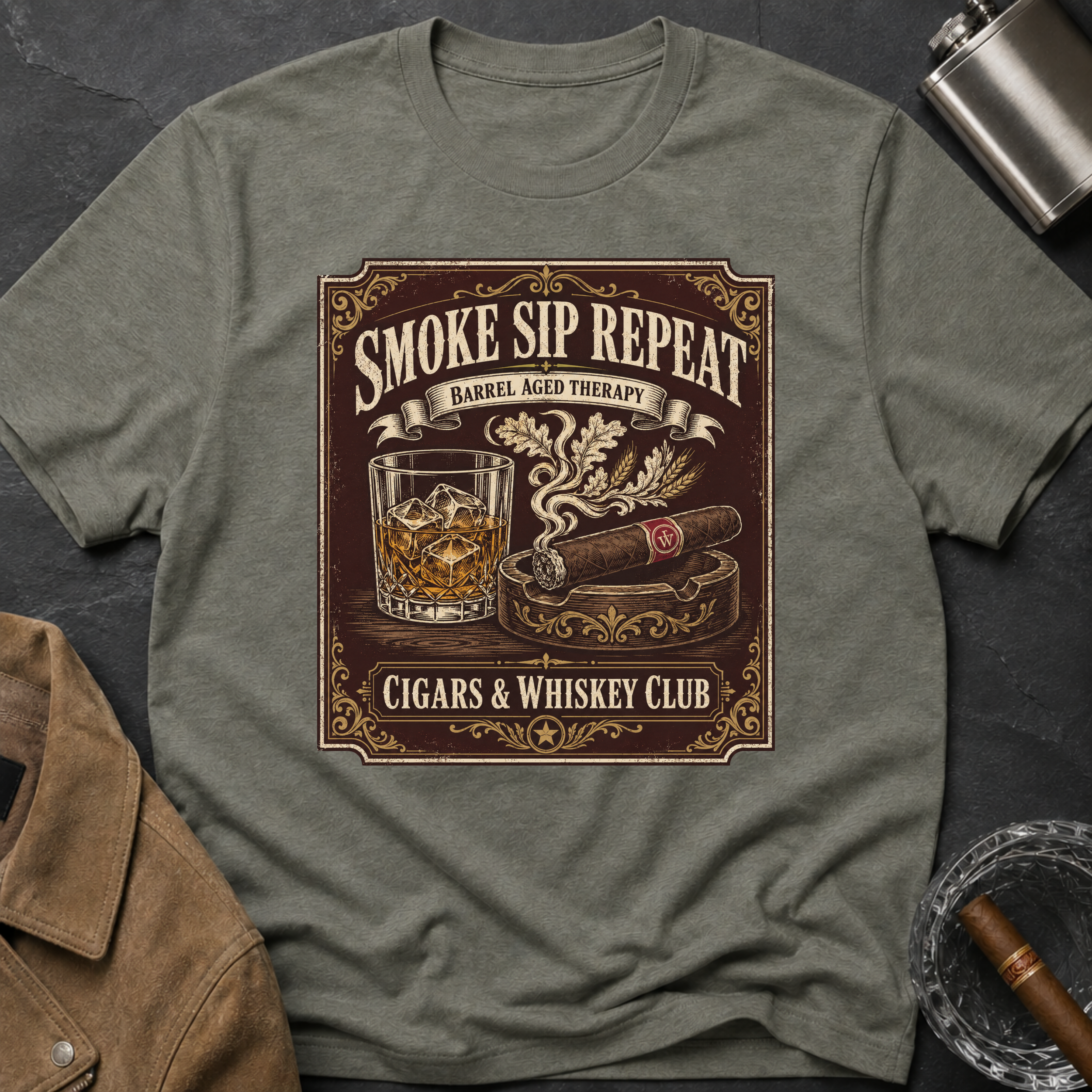 Cigar & Whiskey "Smoke Sip Repeat" T-Shirt