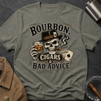 Bourbon, Cigars & Bad Advice T-Shirt — Skull Whiskey Bar Graphic Tee