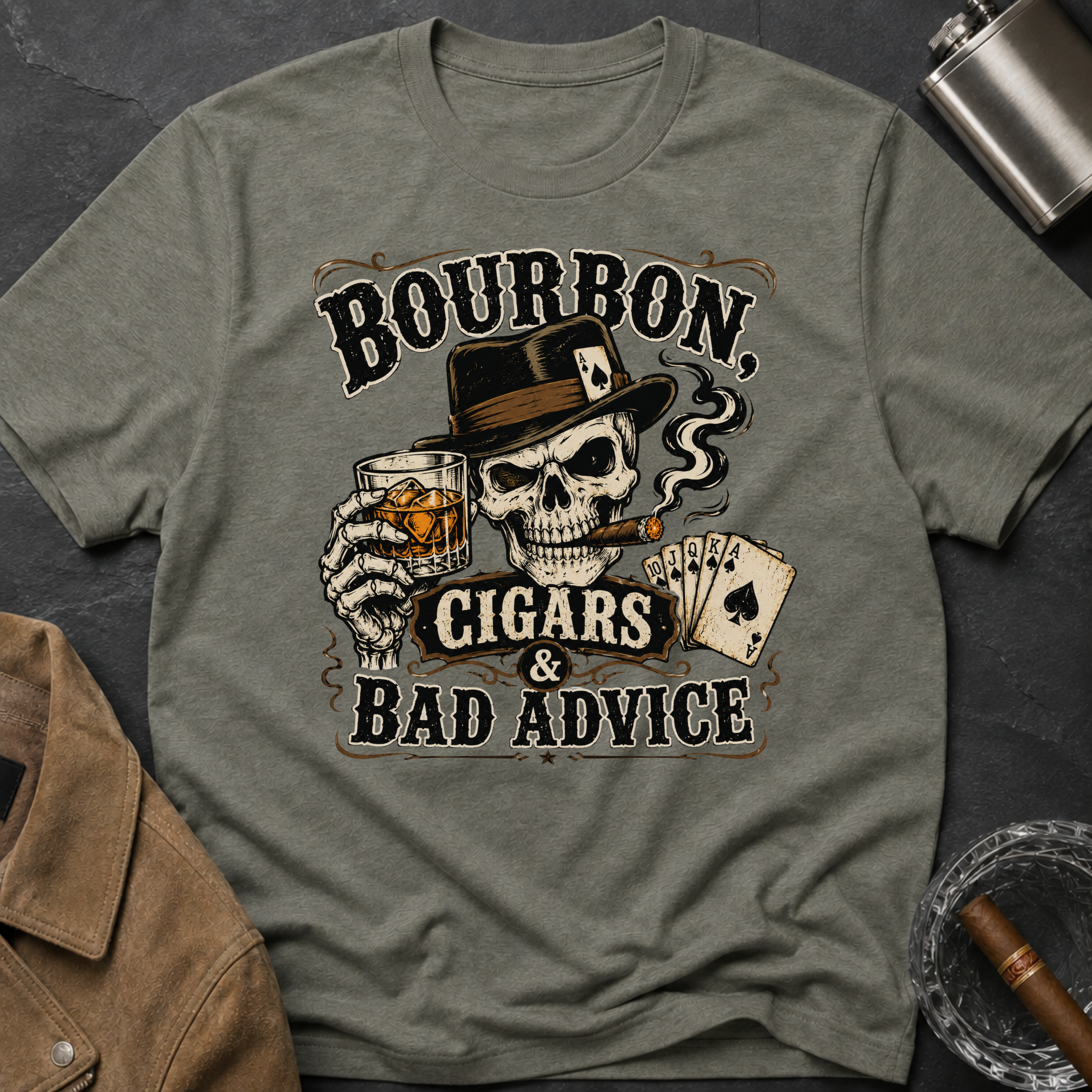 Bourbon, Cigars & Bad Advice T-Shirt — Skull Whiskey Bar Graphic Tee