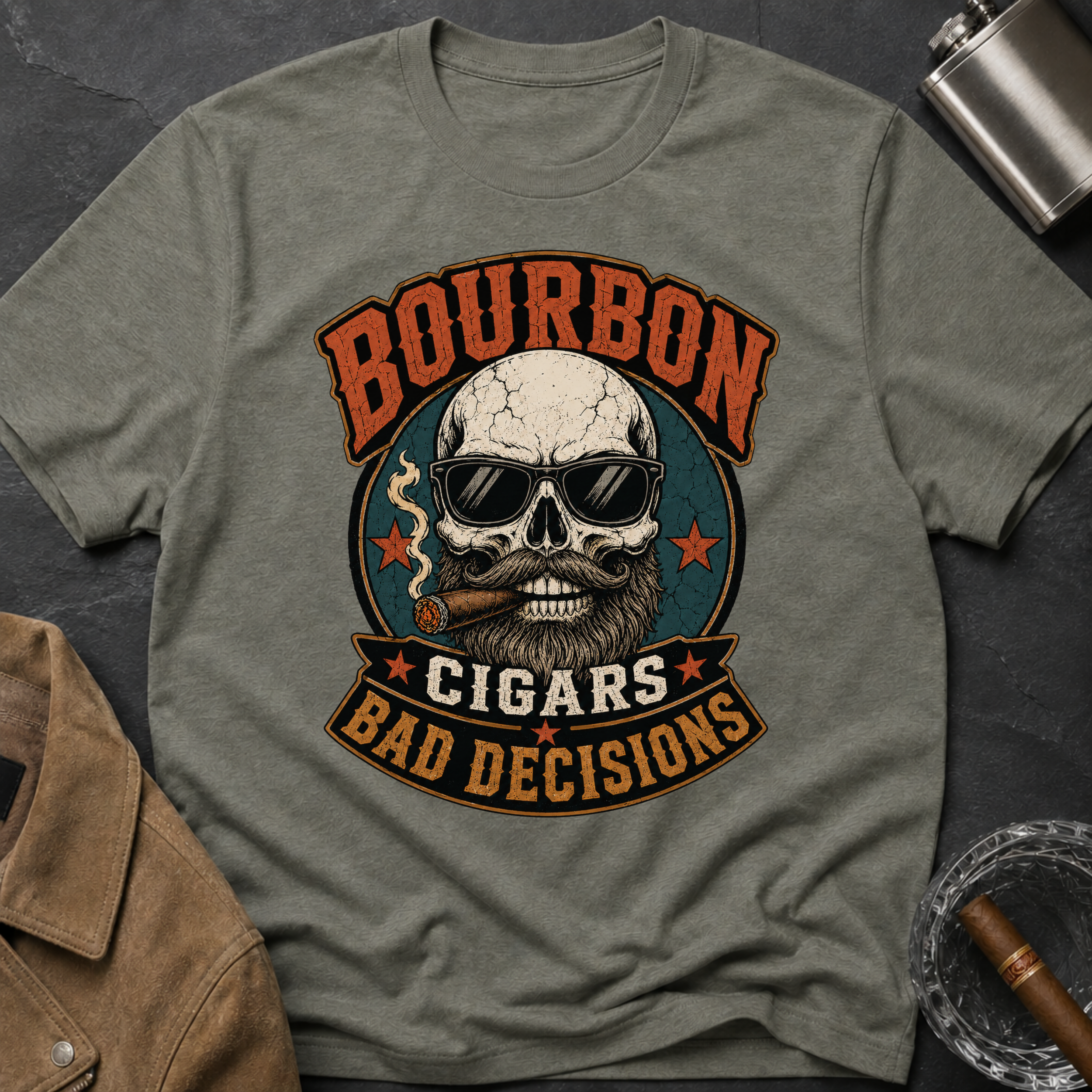 Bourbon Cigars Bad Decisions T-Shirt — Skull Vintage Bourbon Graphic Tee