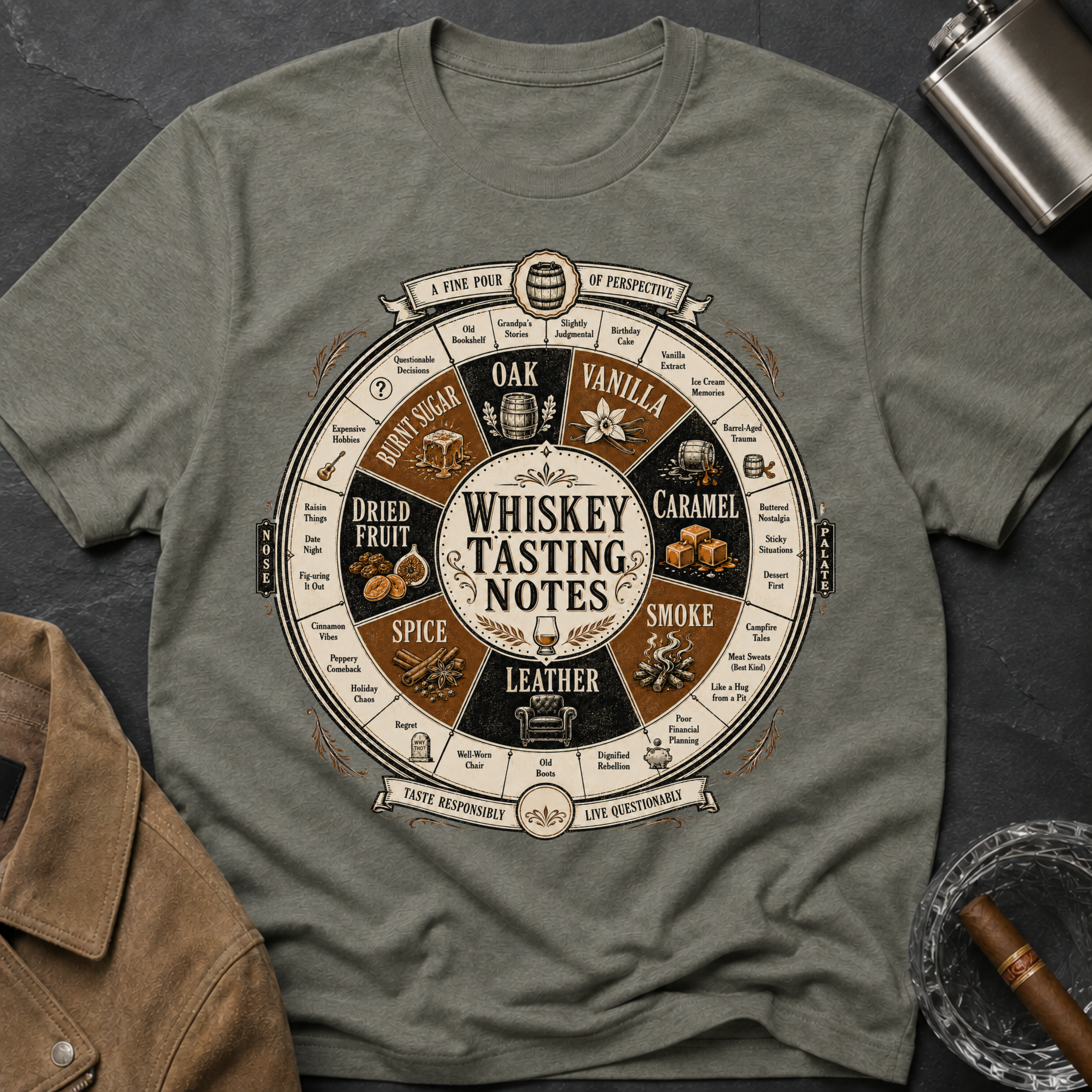 Whiskey Tasting Notes T-Shirt — Vintage Whiskey Flavor Wheel