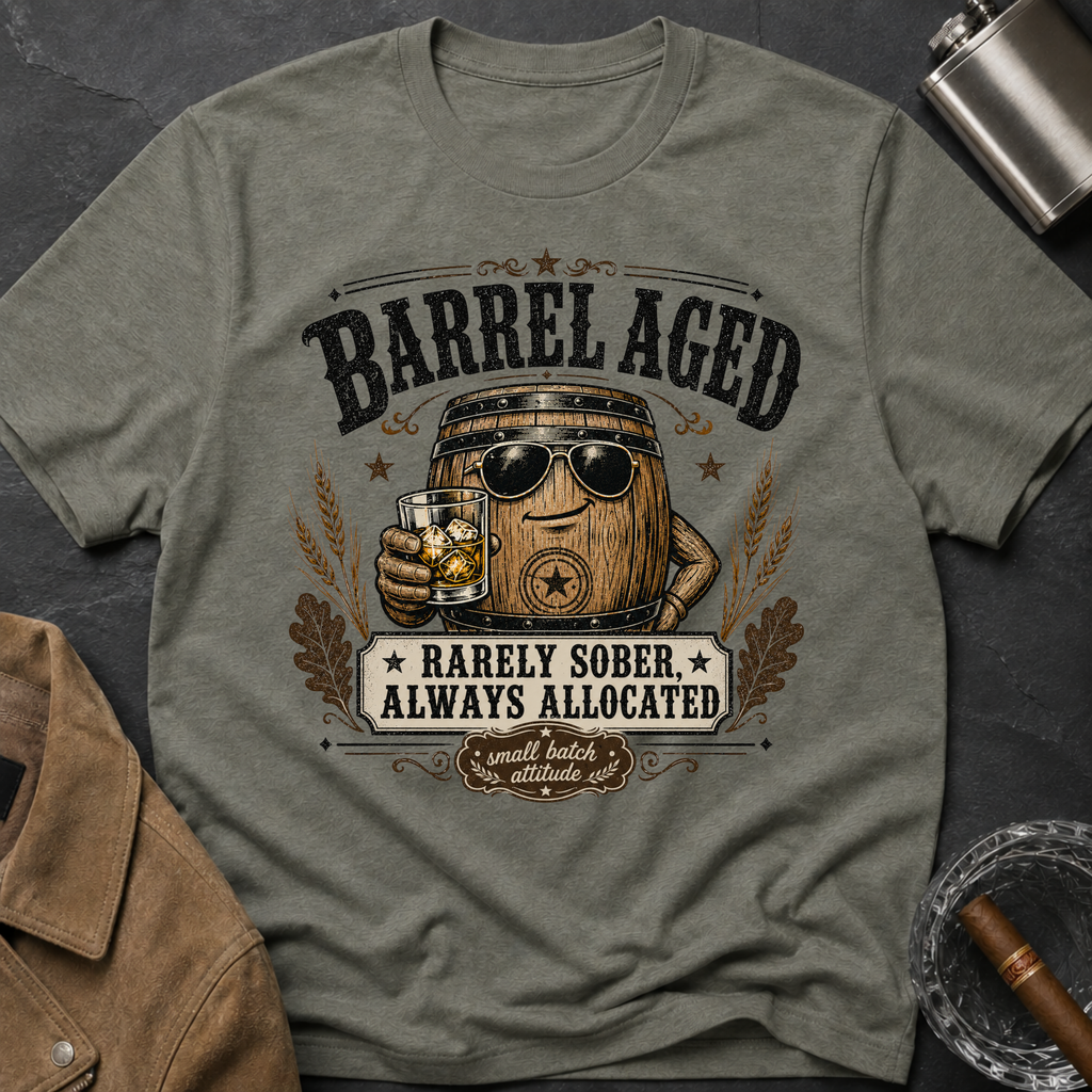 Barrel Aged T-Shirt — "Barrel Aged: Rarely Sober, Always Allocated" Vintage Whiskey Tee