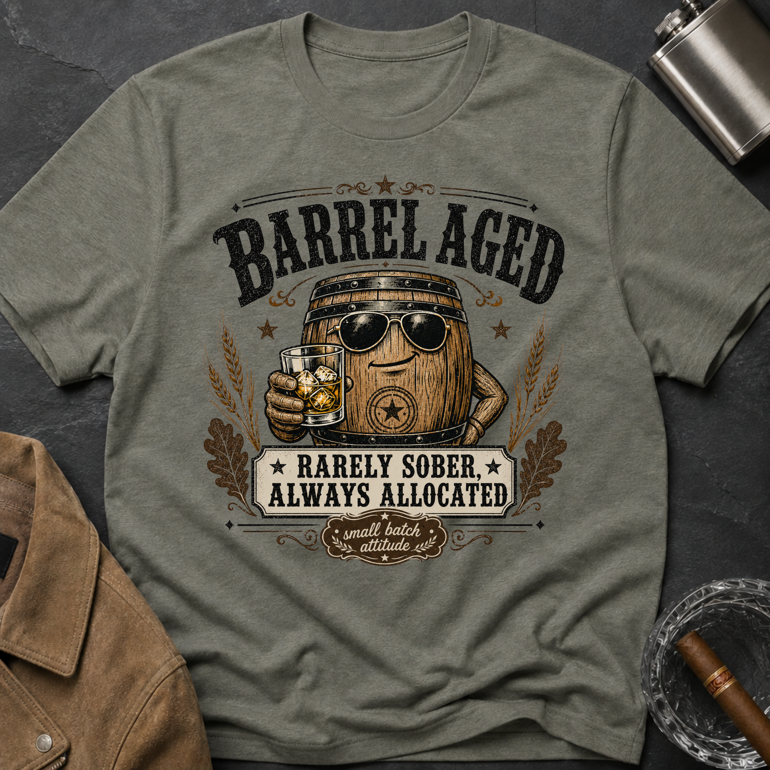 Barrel Aged T-Shirt — "Barrel Aged: Rarely Sober, Always Allocated" Vintage Whiskey Tee