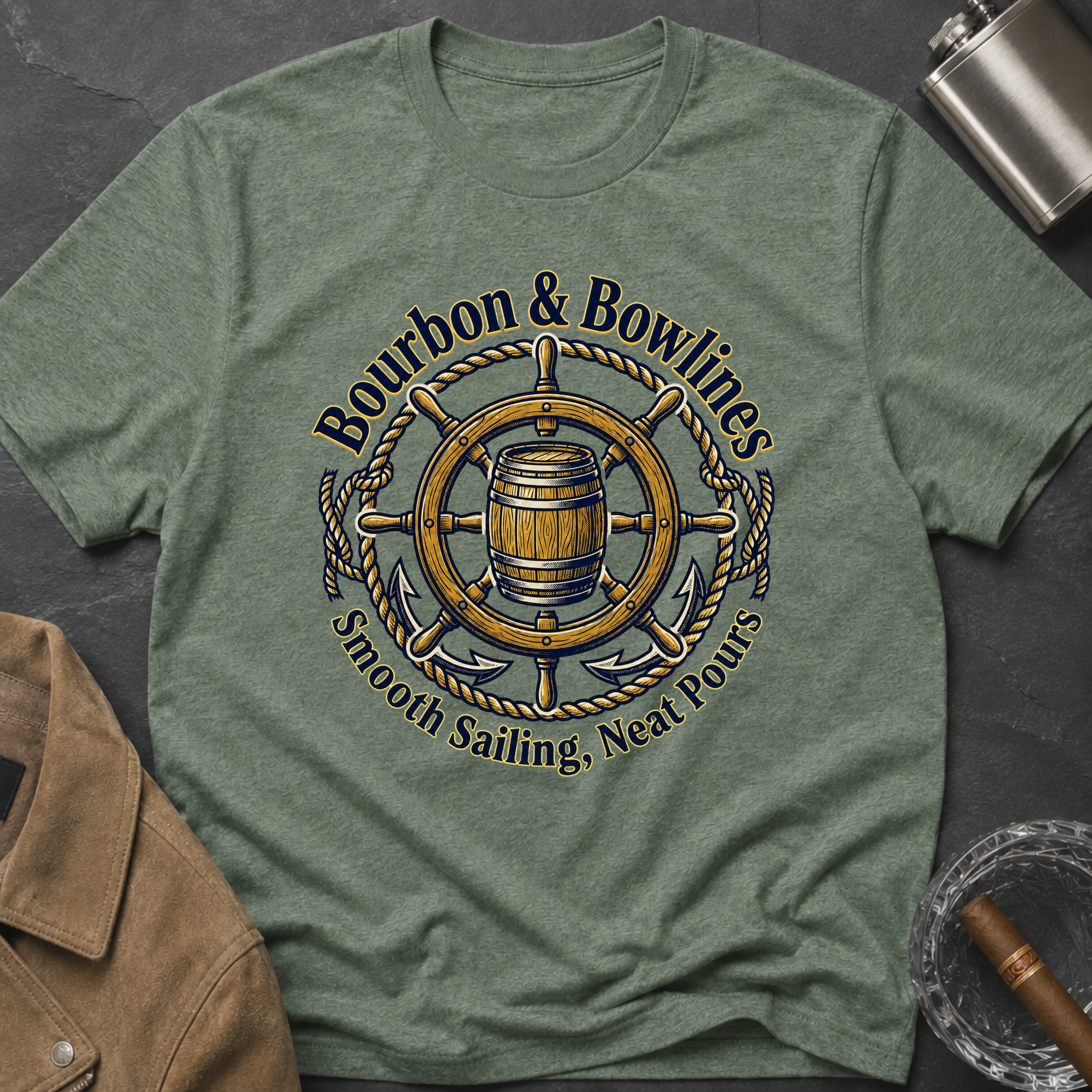 Bourbon & Bowlines — Nautical Whiskey Sailing Graphic T-Shirt