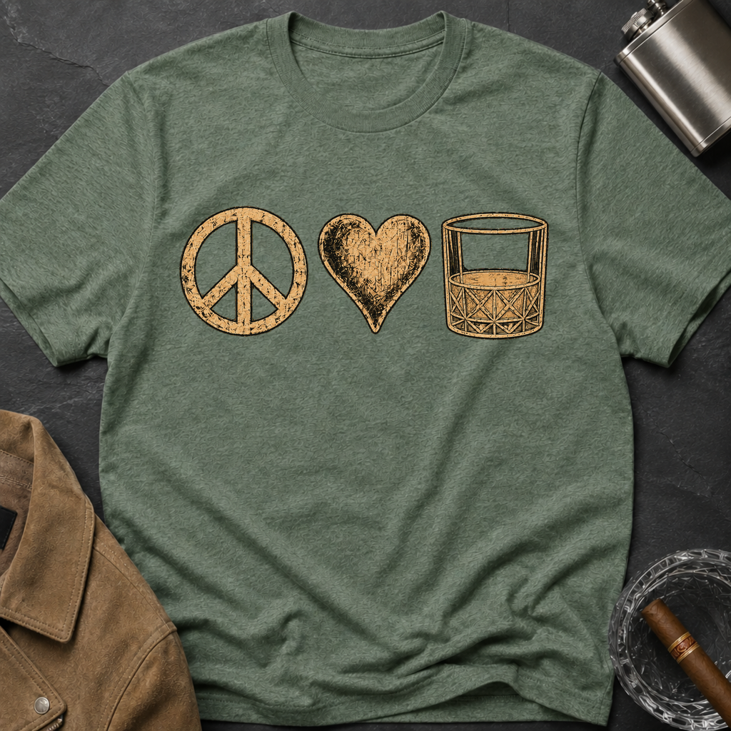 Peace Love Whiskey T-Shirt — Vintage Peace Sign Heart & Whiskey Glass Tee