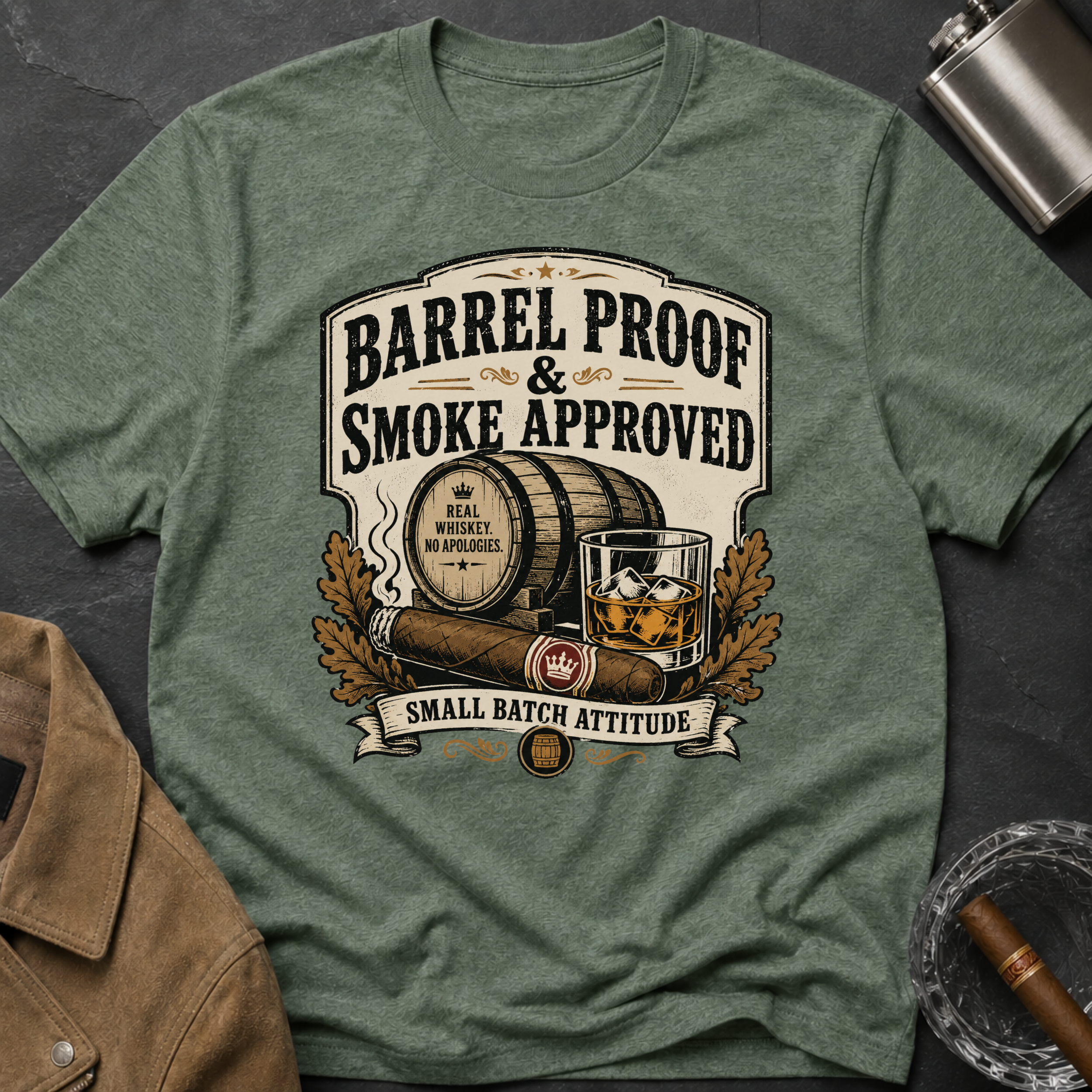 Barrel Proof & Smoke Approved T-Shirt — Whiskey Barrel Distillery Tee