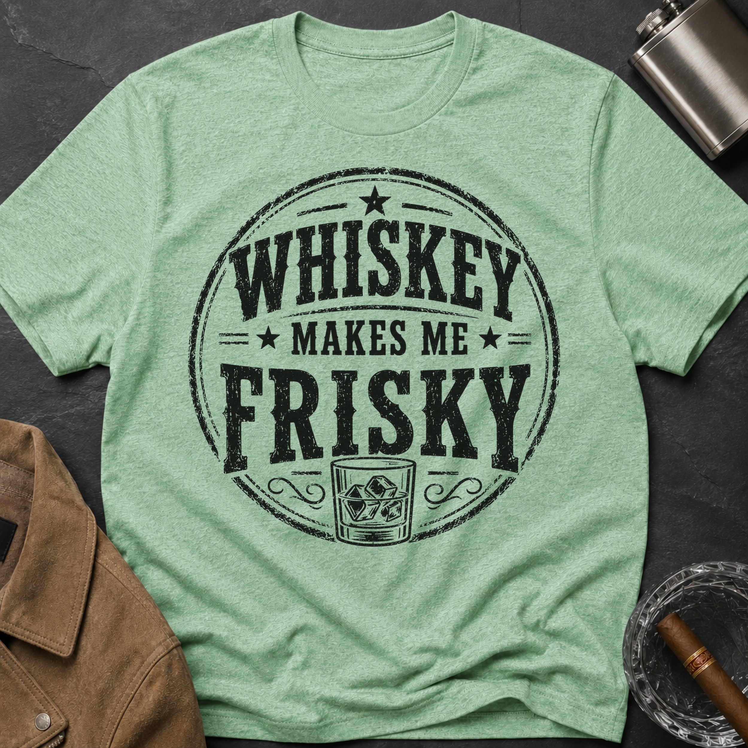 Whiskey Makes Me Frisky T-Shirt — Vintage Bar Drinking Graphic Tee