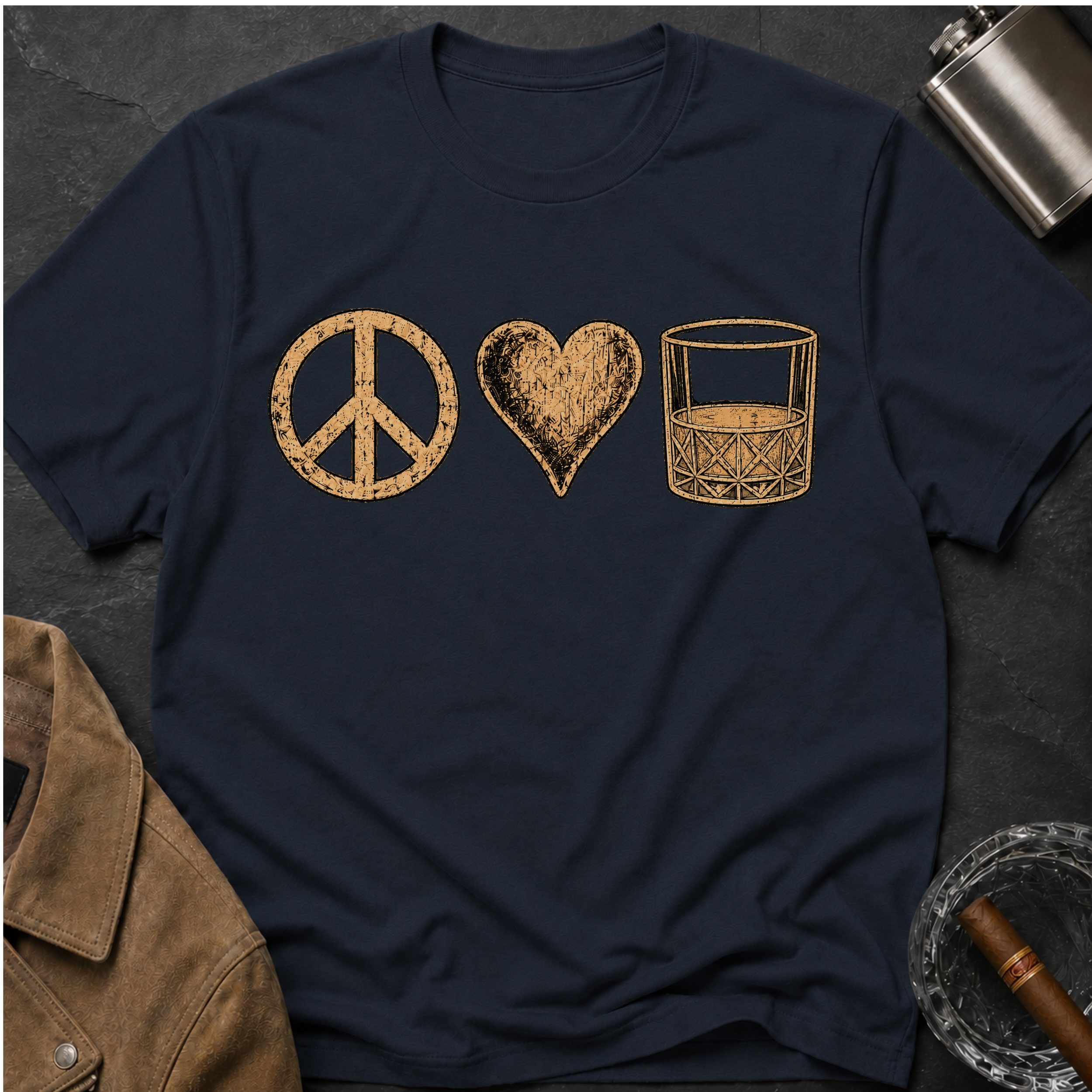 Peace Love Whiskey T-Shirt — Vintage Peace Sign Heart & Whiskey Glass Tee