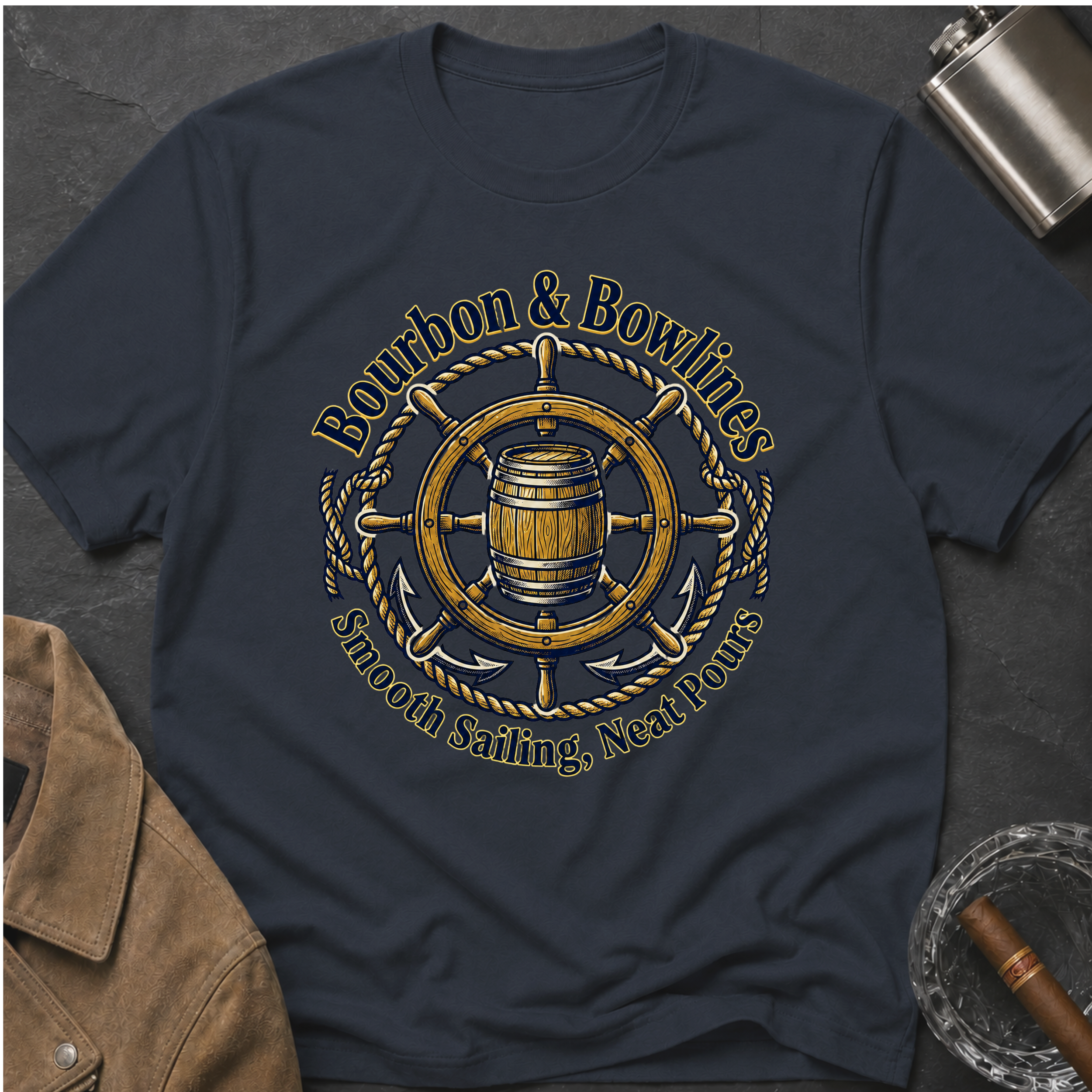 Bourbon & Bowlines — Nautical Whiskey Sailing Graphic T-Shirt