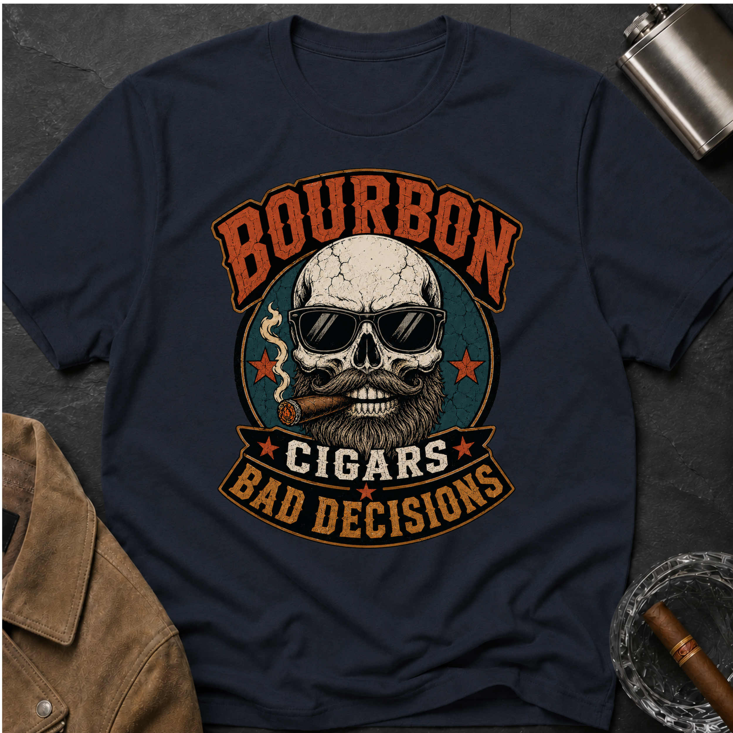 Bourbon Cigars Bad Decisions T-Shirt — Skull Vintage Bourbon Graphic Tee