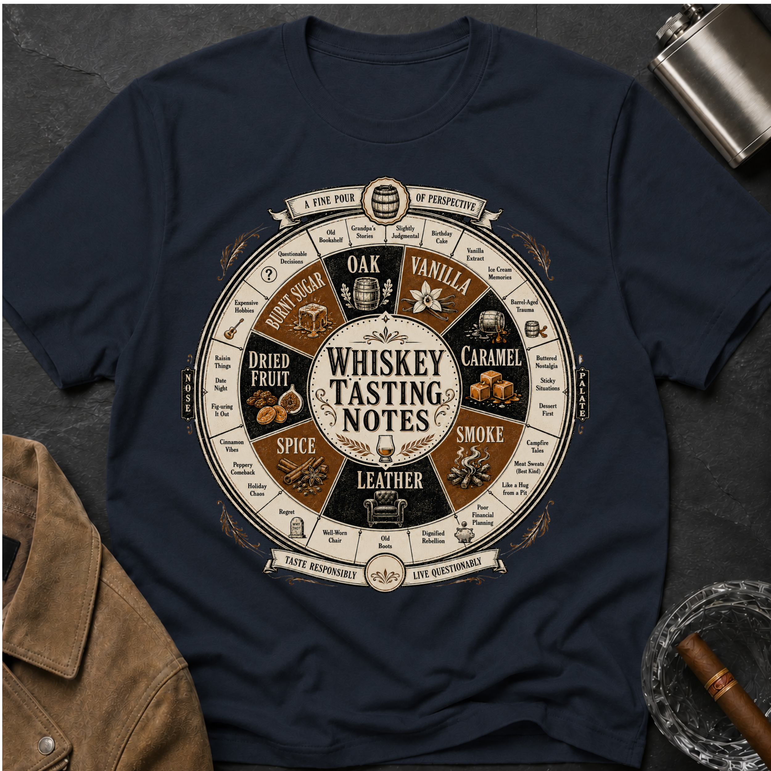 Whiskey Tasting Notes T-Shirt — Vintage Whiskey Flavor Wheel