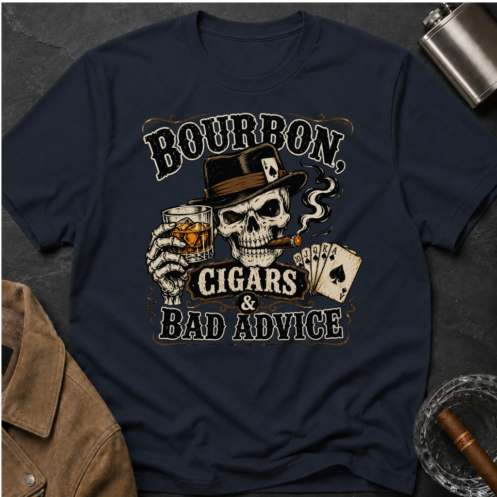 Bourbon, Cigars & Bad Advice T-Shirt — Skull Whiskey Bar Graphic Tee