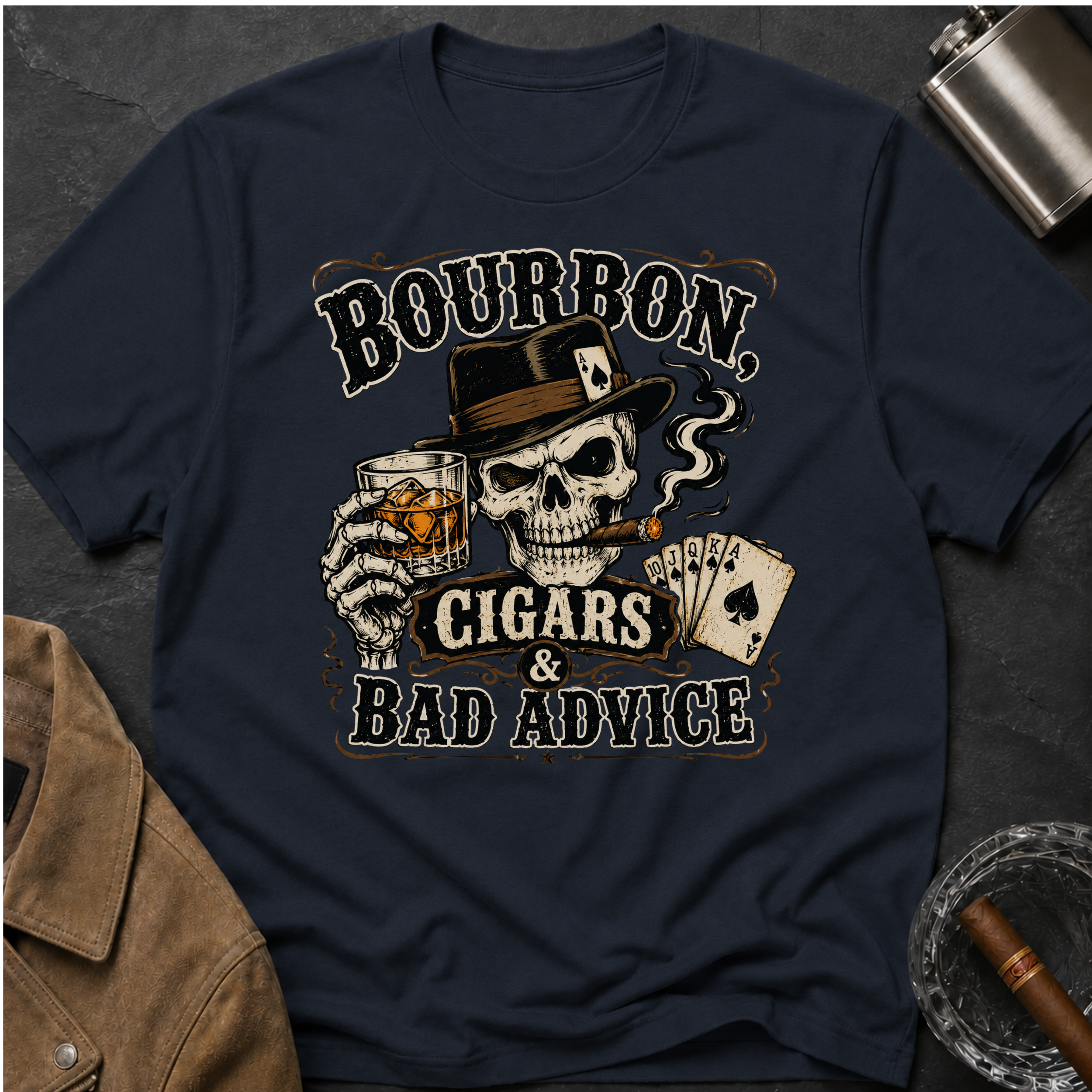 Bourbon, Cigars & Bad Advice T-Shirt — Skull Whiskey Bar Graphic Tee