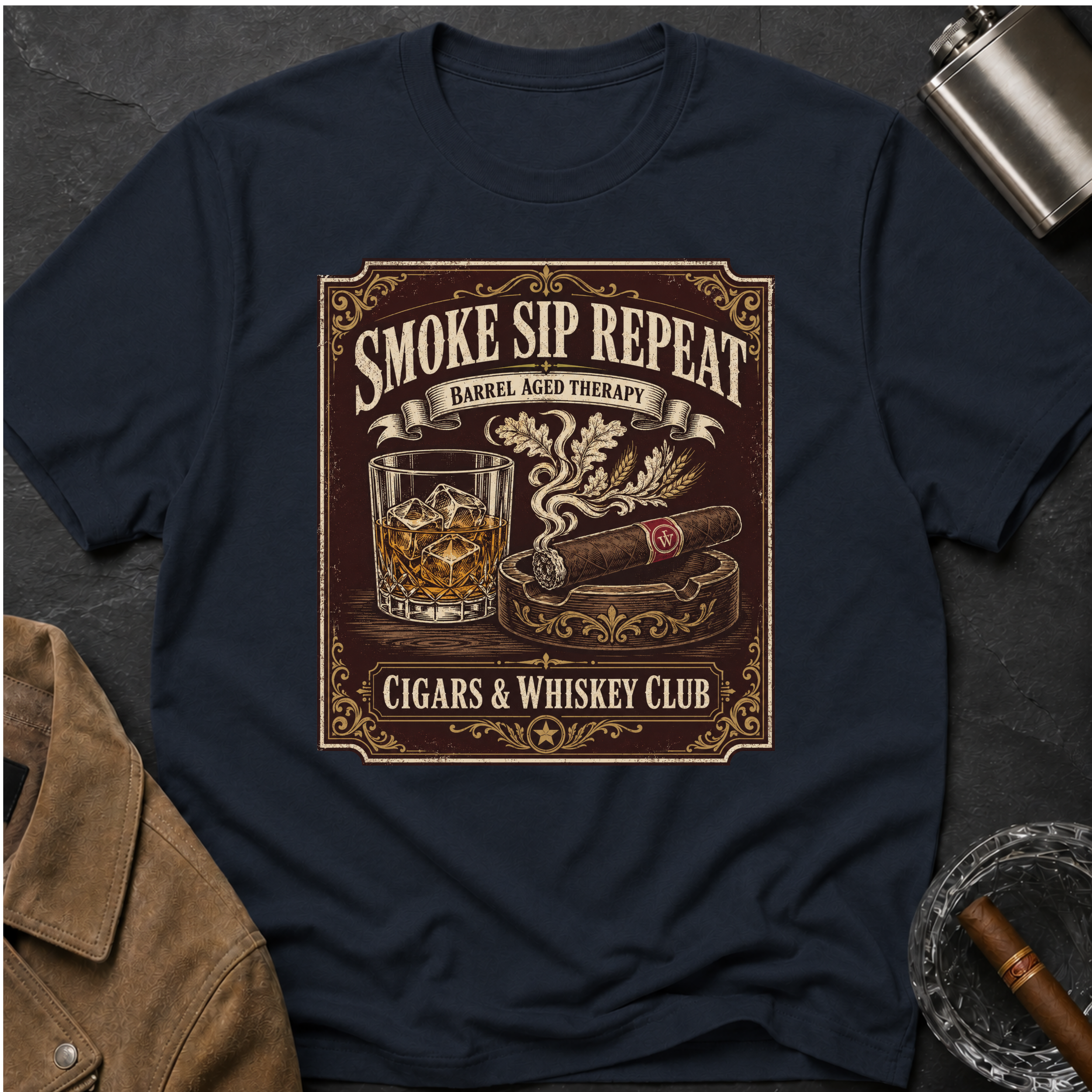 Cigar & Whiskey "Smoke Sip Repeat" T-Shirt