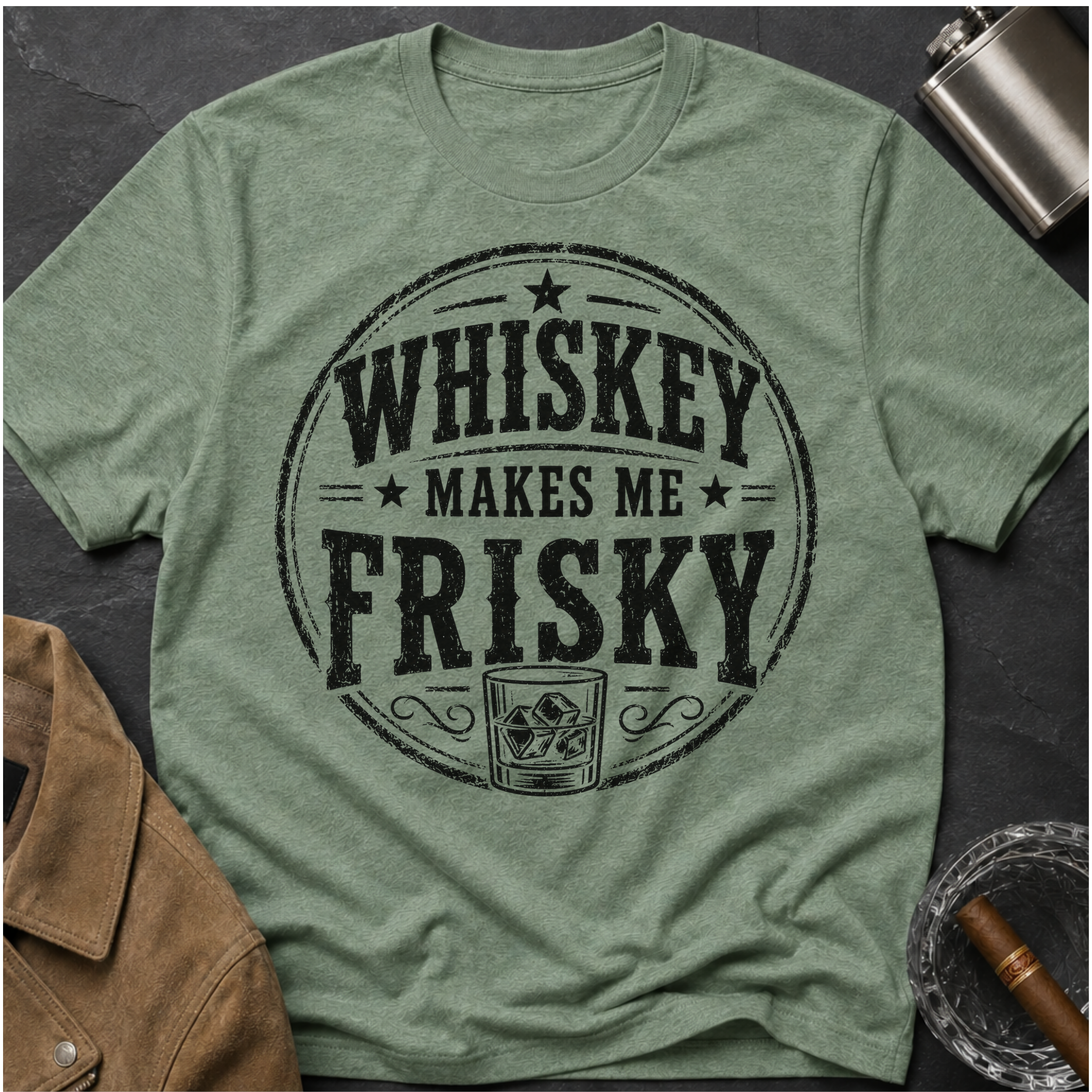 Whiskey Makes Me Frisky T-Shirt — Vintage Bar Drinking Graphic Tee