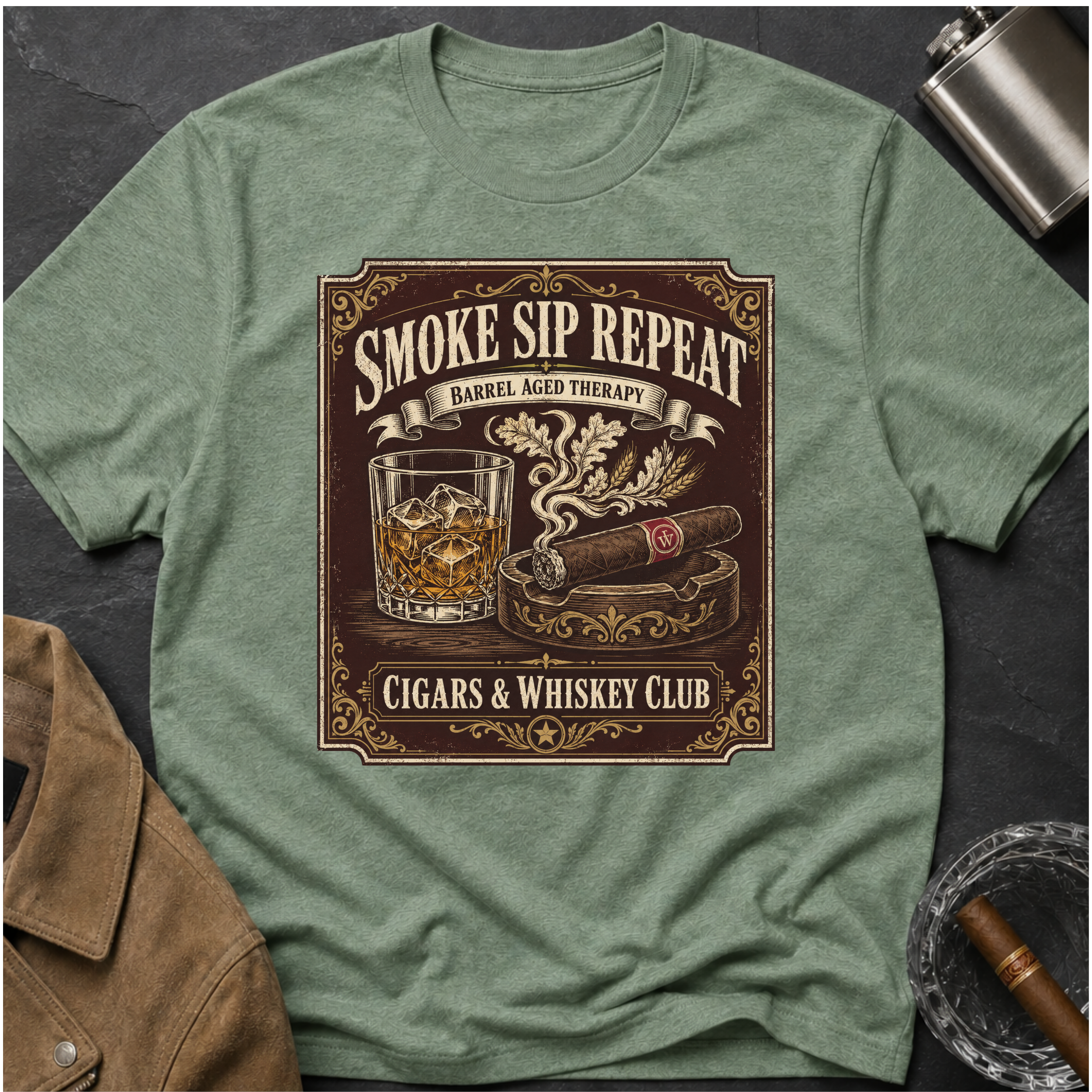Cigar & Whiskey "Smoke Sip Repeat" T-Shirt
