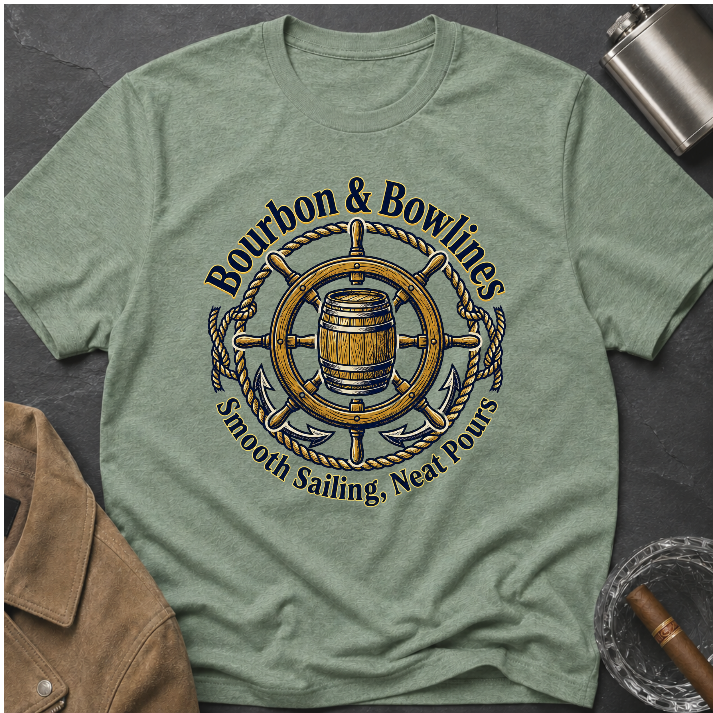 Bourbon & Bowlines — Nautical Whiskey Sailing Graphic T-Shirt