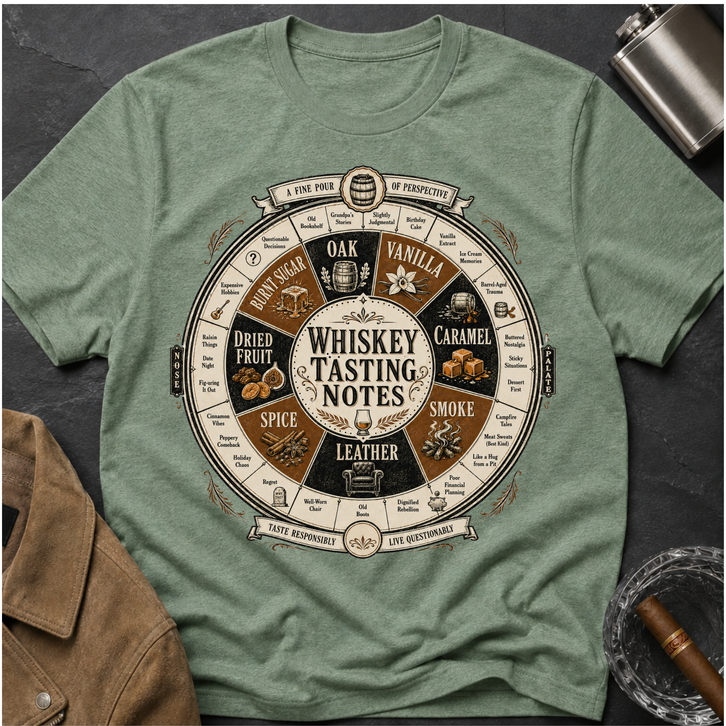 Whiskey Tasting Notes T-Shirt — Vintage Whiskey Flavor Wheel