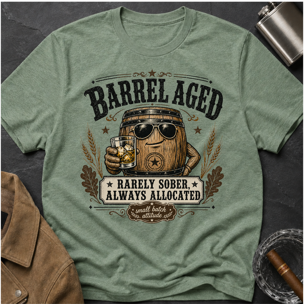 Barrel Aged T-Shirt — "Barrel Aged: Rarely Sober, Always Allocated" Vintage Whiskey Tee
