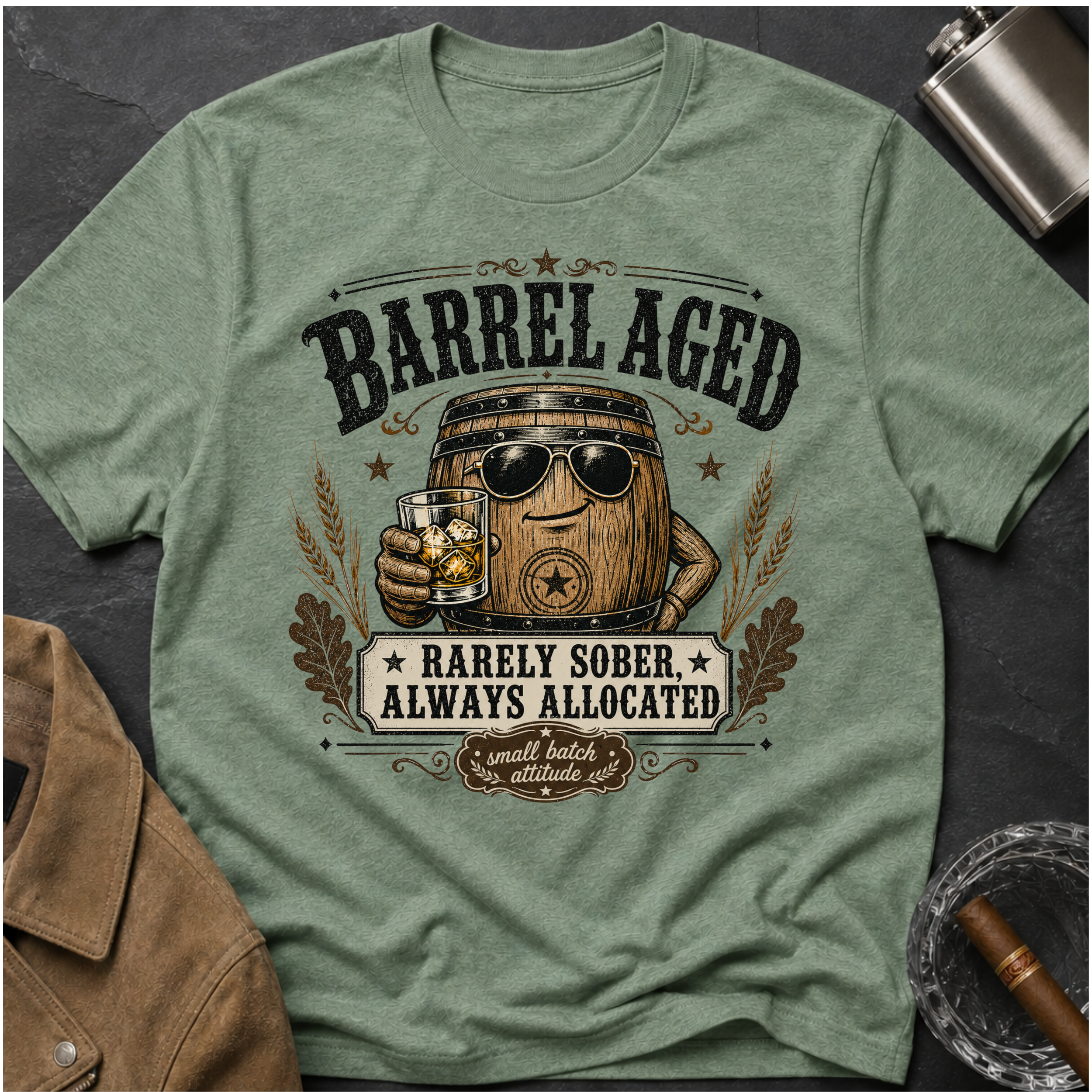 Barrel Aged T-Shirt — "Barrel Aged: Rarely Sober, Always Allocated" Vintage Whiskey Tee