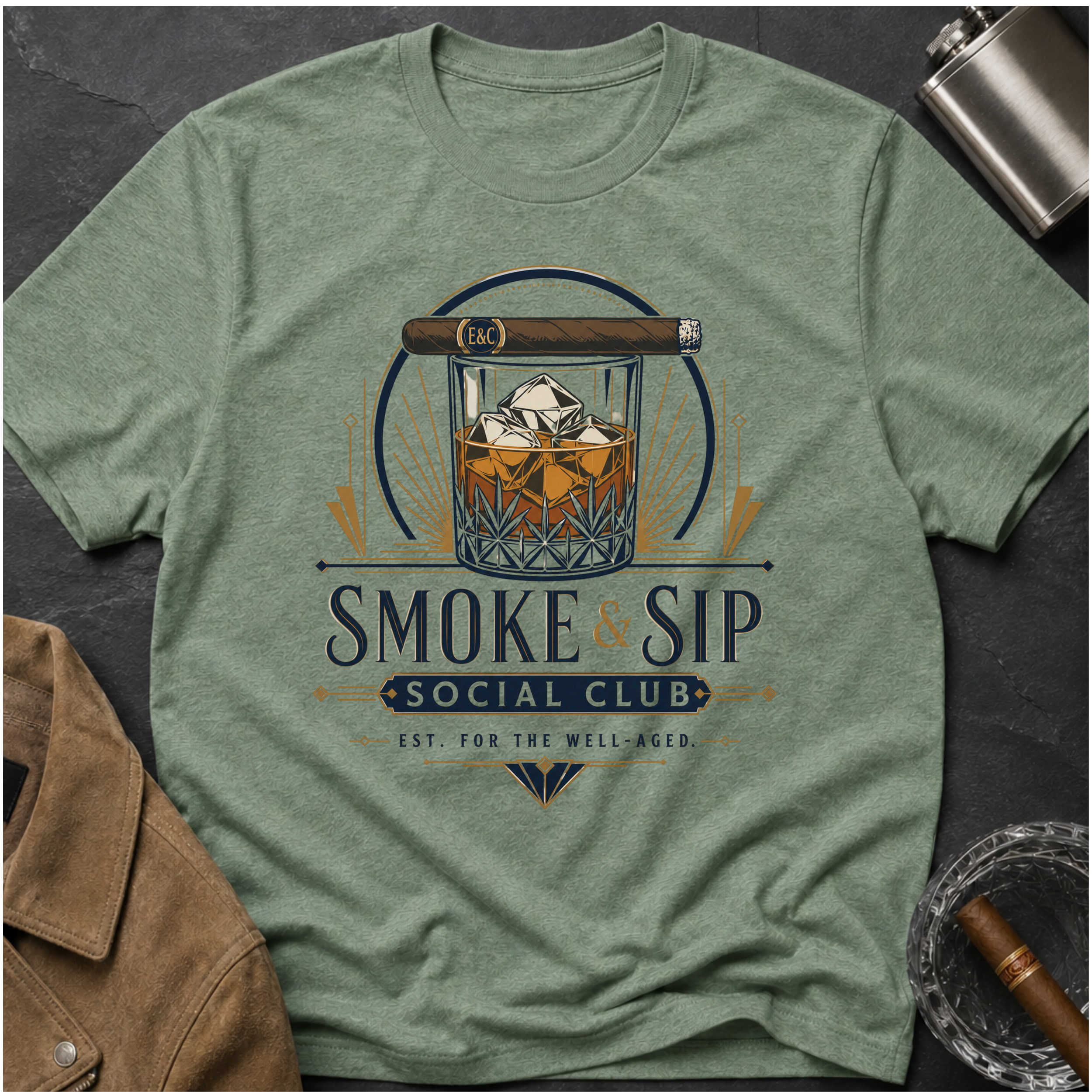 Smoke & Sip T-Shirt — 'Smoke & Sip Social Club' Whiskey Glass & Cigar Design