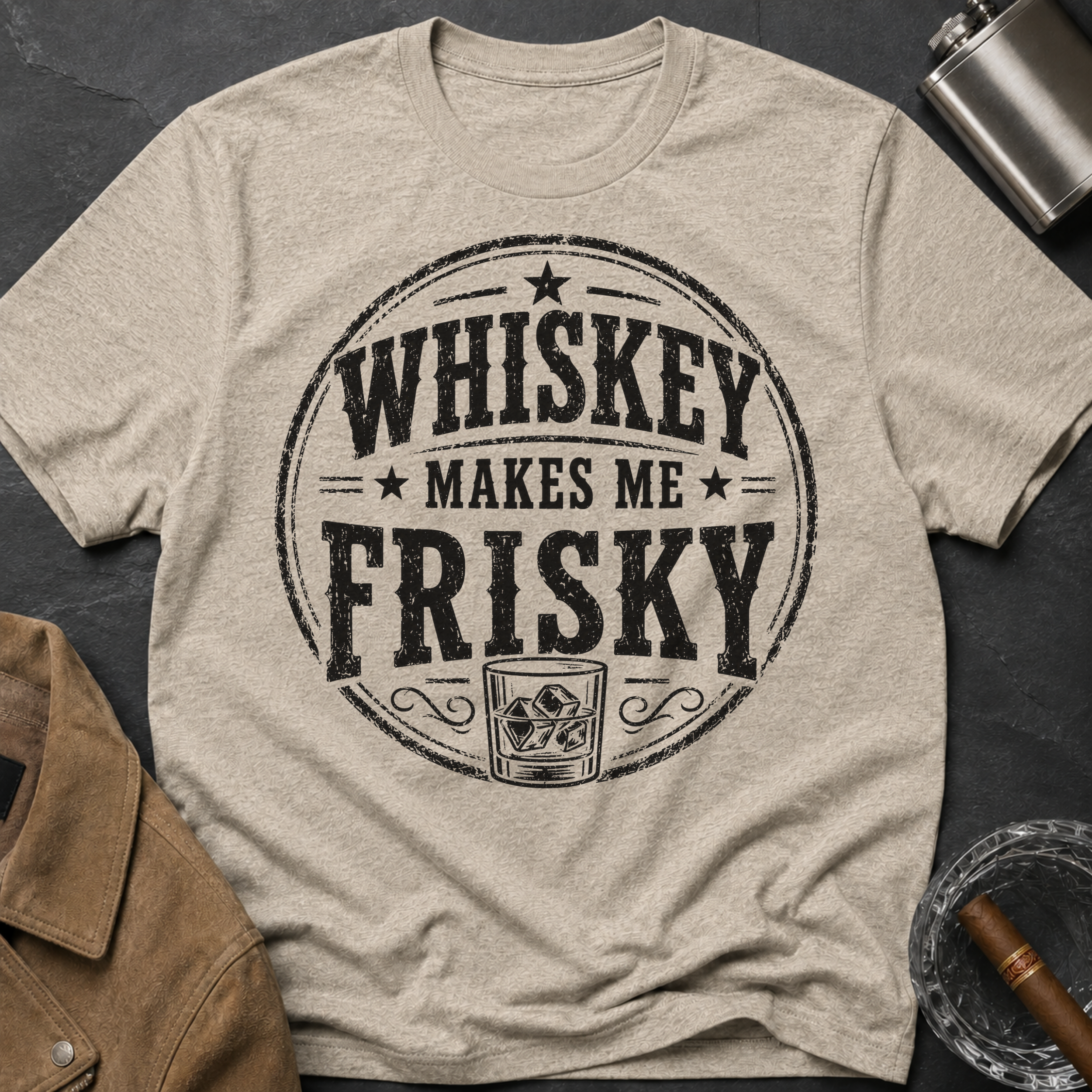 Whiskey Makes Me Frisky T-Shirt — Vintage Bar Drinking Graphic Tee