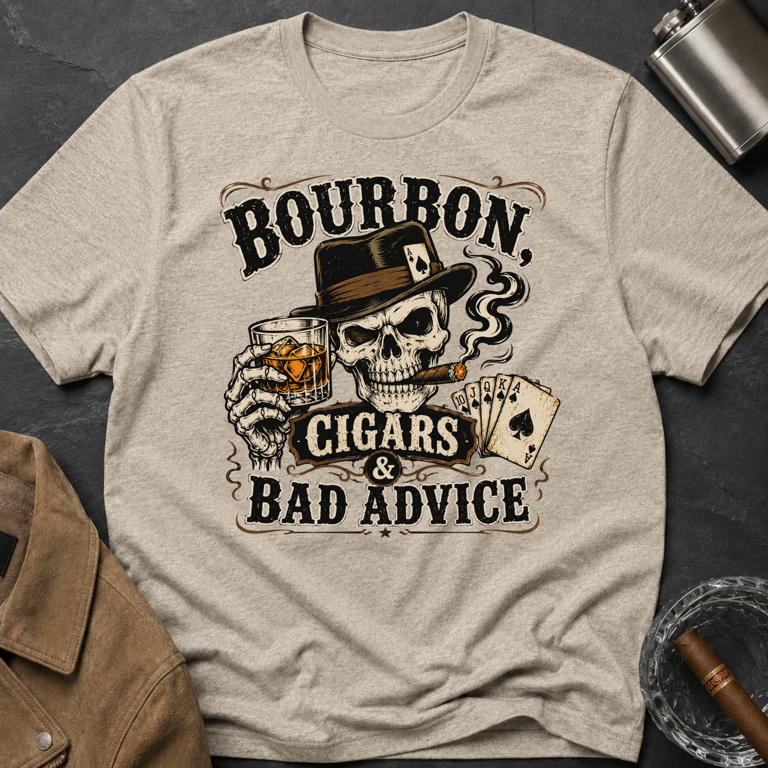 Bourbon, Cigars & Bad Advice T-Shirt — Skull Whiskey Bar Graphic Tee
