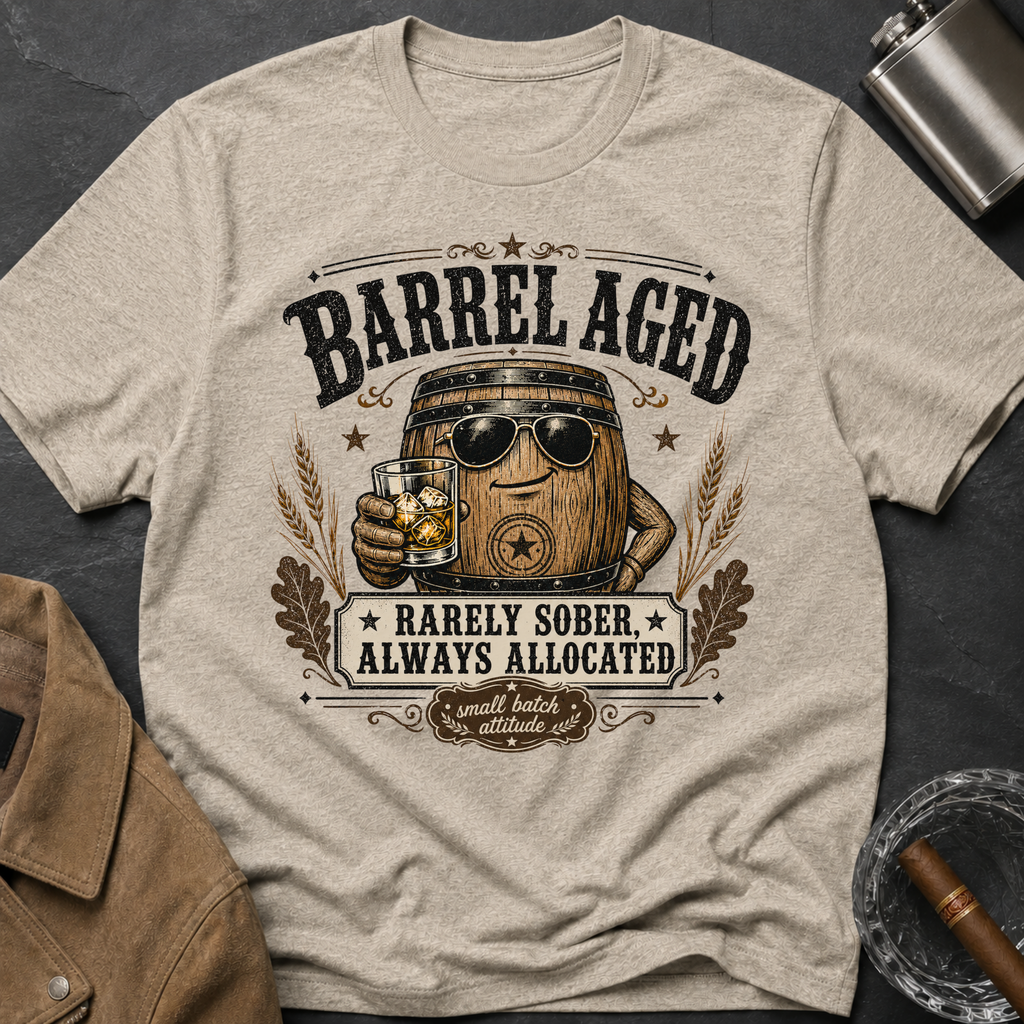 Barrel Aged T-Shirt — "Barrel Aged: Rarely Sober, Always Allocated" Vintage Whiskey Tee