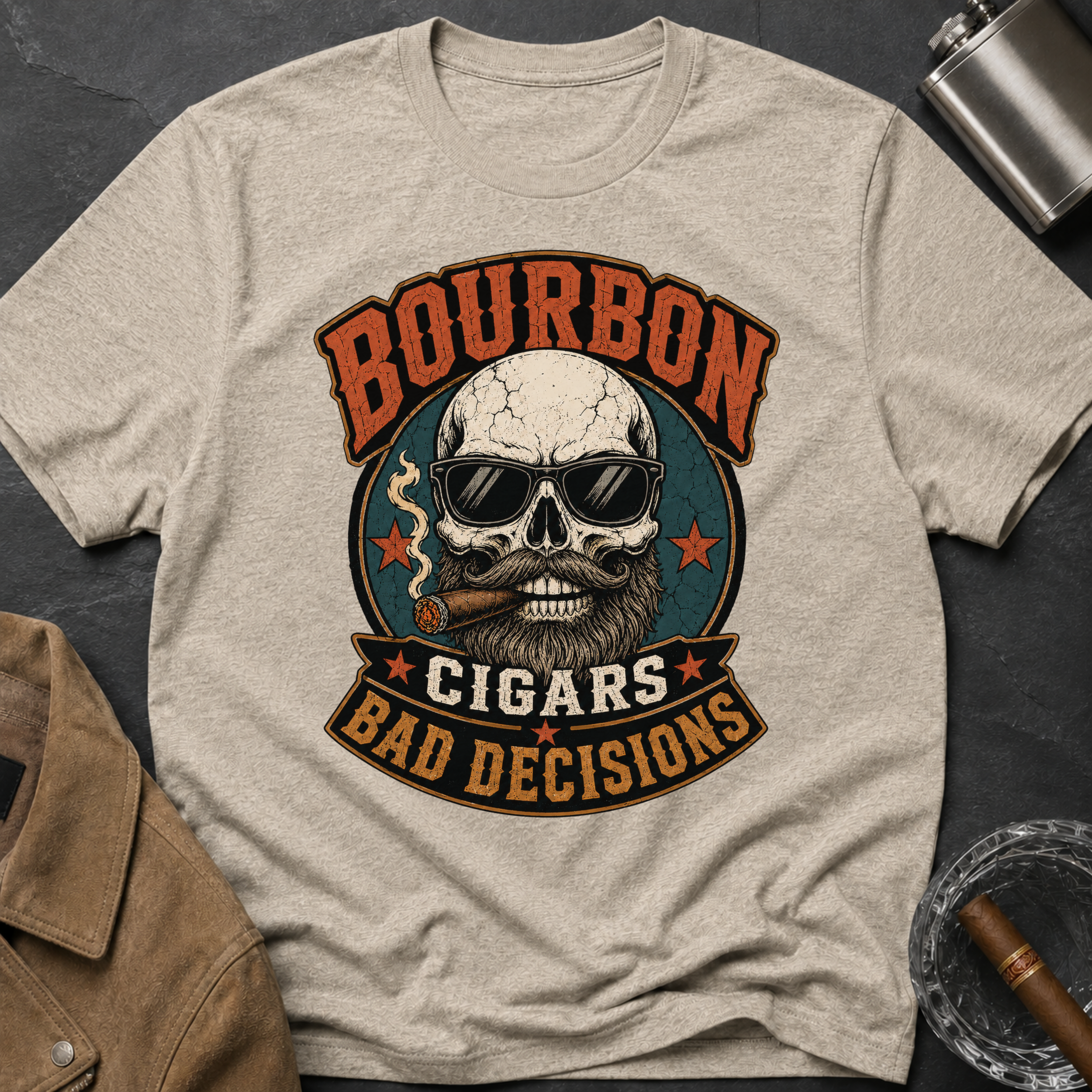 Bourbon Cigars Bad Decisions T-Shirt — Skull Vintage Bourbon Graphic Tee
