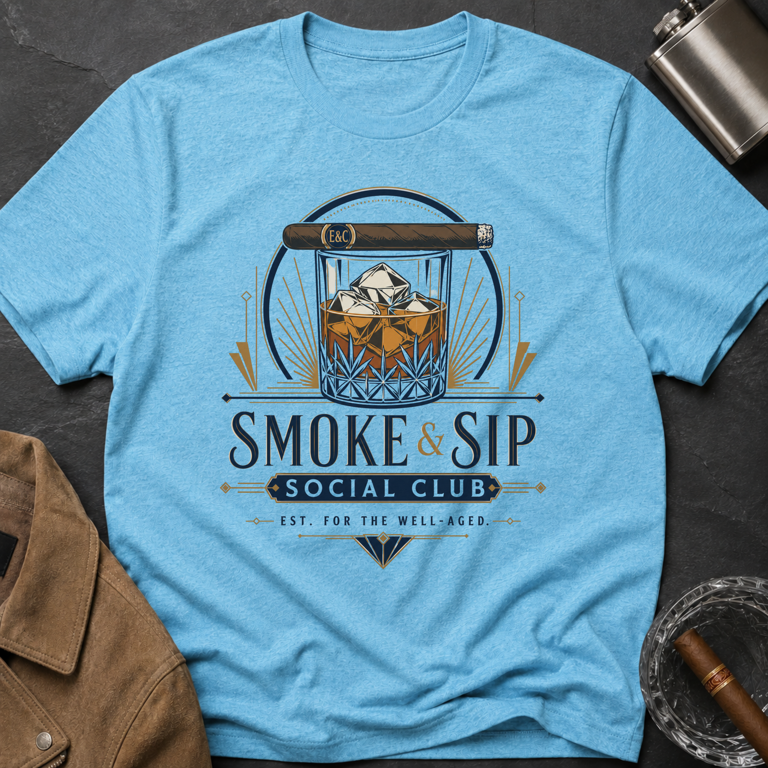 Smoke & Sip T-Shirt — 'Smoke & Sip Social Club' Whiskey Glass & Cigar Design