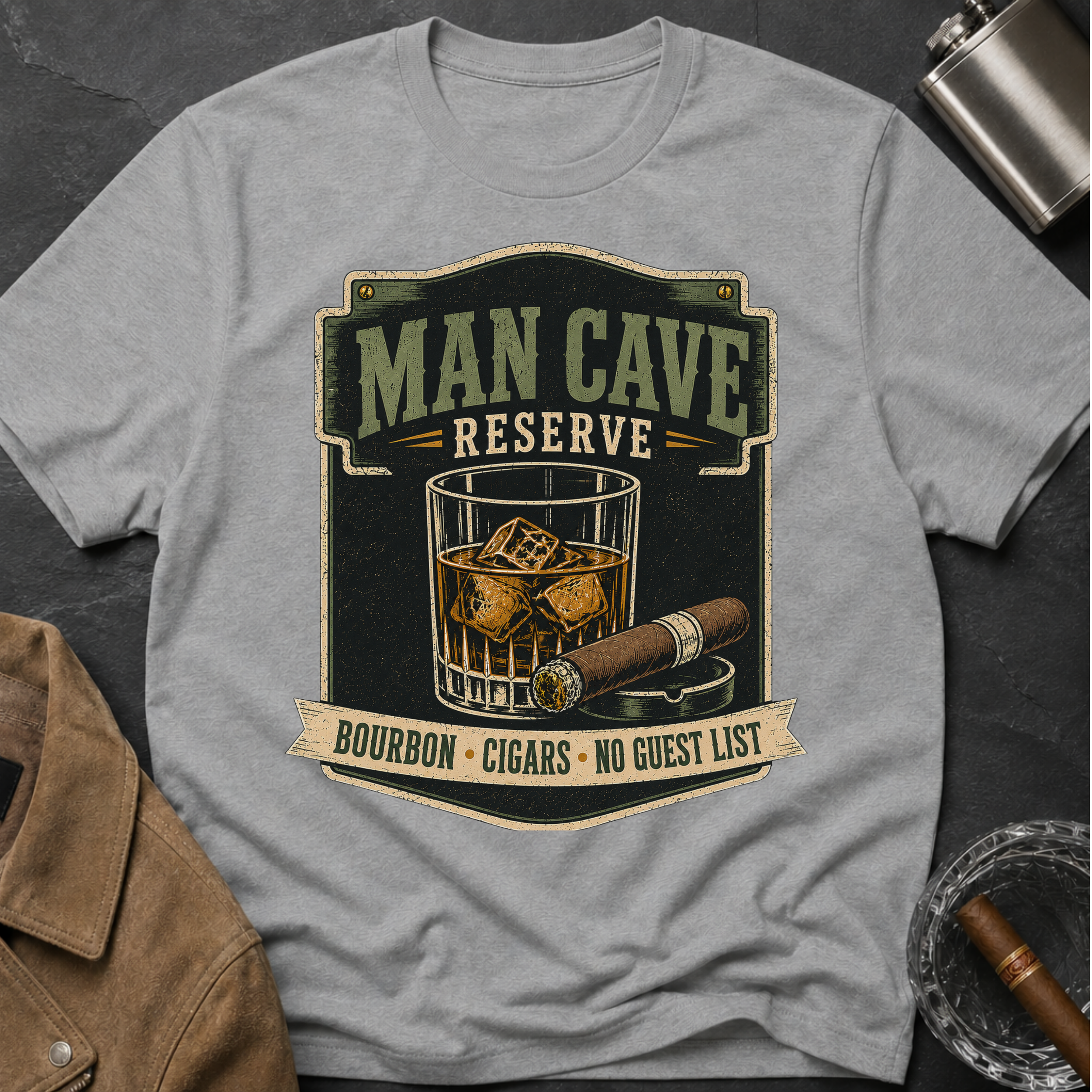 Man Cave Reserve T-Shirt — Vintage Whiskey & Cigar Lounge Tee