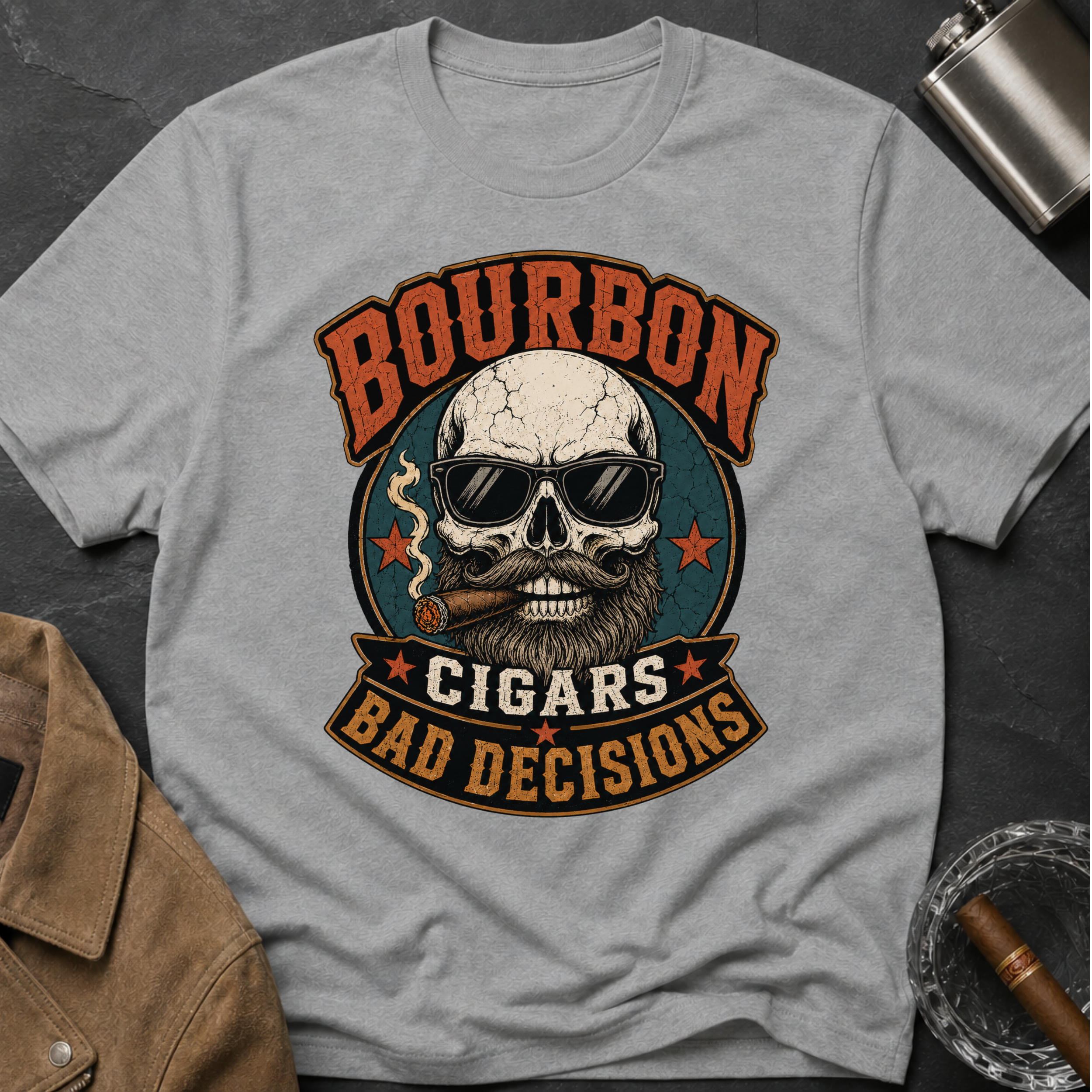 Bourbon Cigars Bad Decisions T-Shirt — Skull Vintage Bourbon Graphic Tee