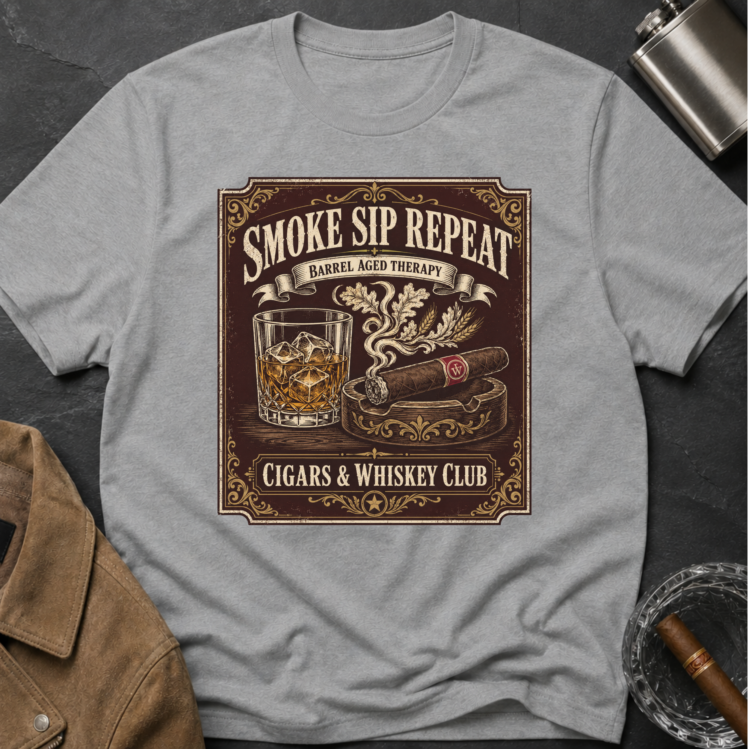 Cigar & Whiskey "Smoke Sip Repeat" T-Shirt