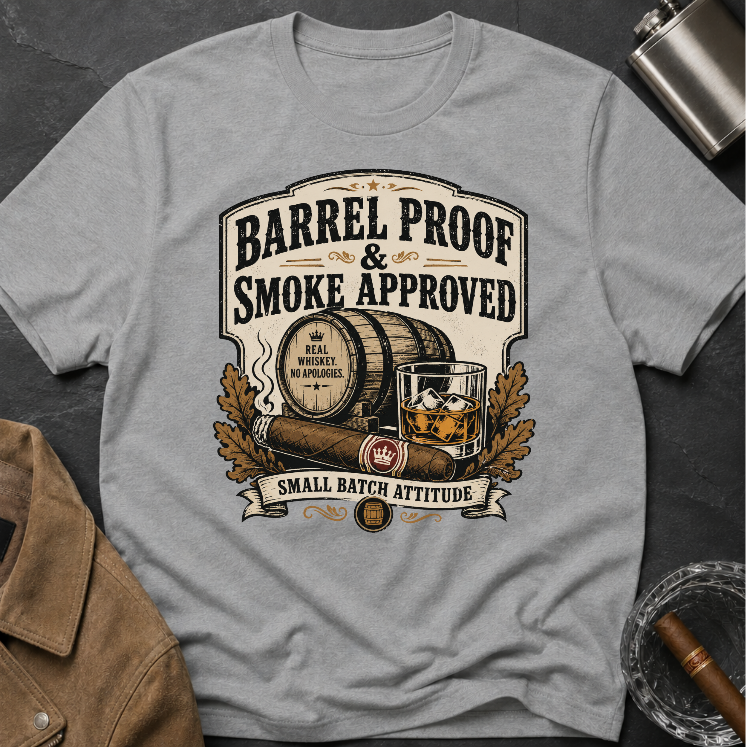 Barrel Proof & Smoke Approved T-Shirt — Whiskey Barrel Distillery Tee