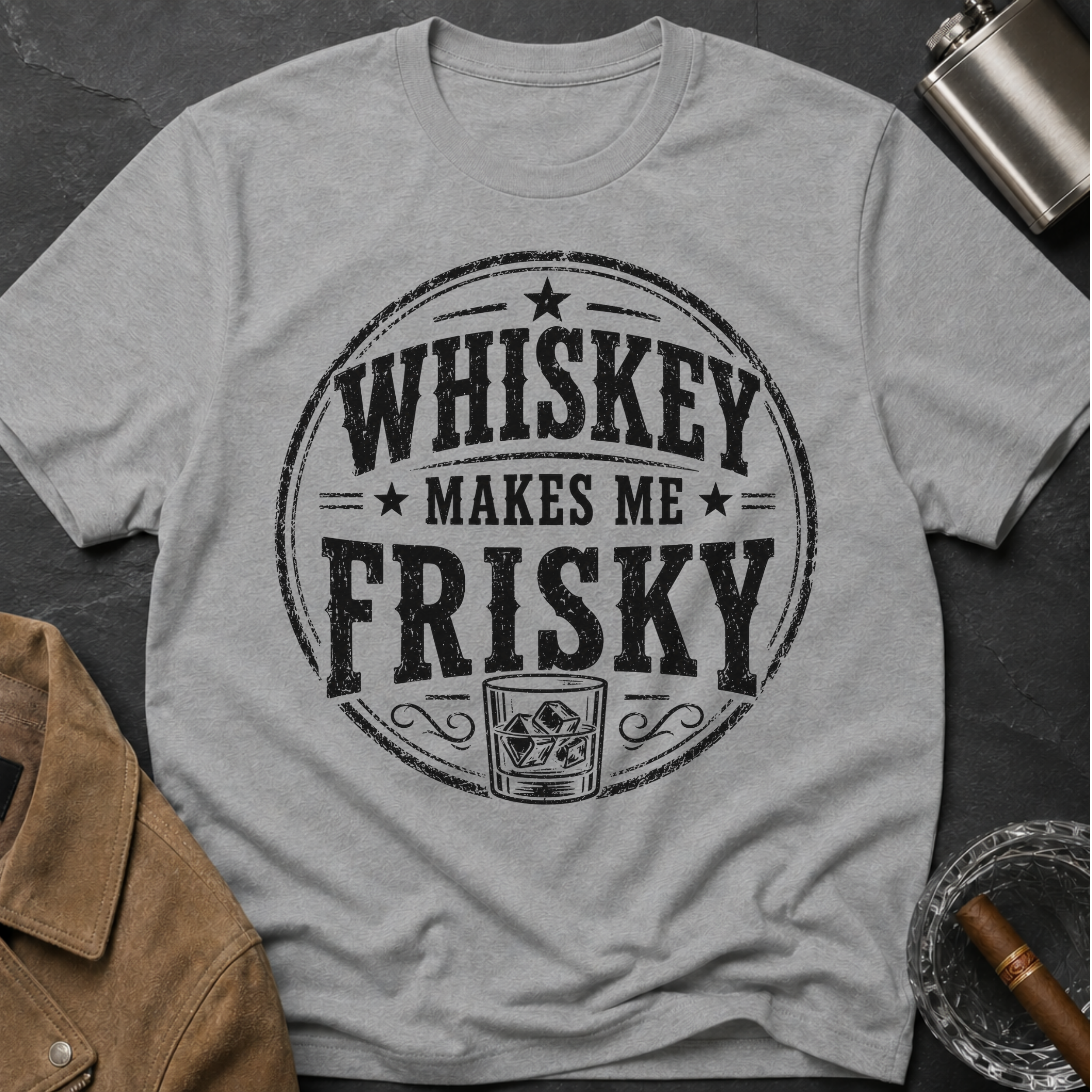Whiskey Makes Me Frisky T-Shirt — Vintage Bar Drinking Graphic Tee