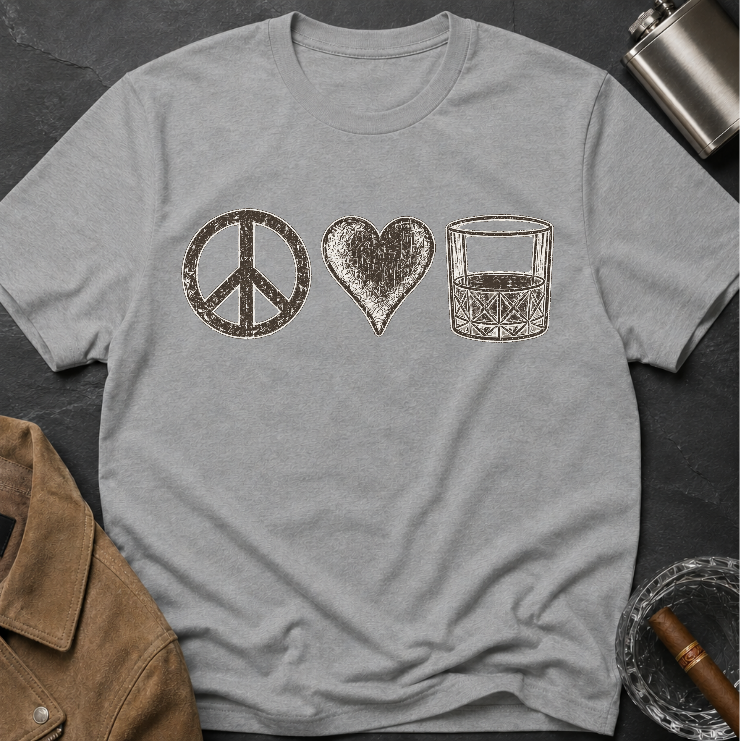 Peace Love Whiskey T-Shirt — Vintage Peace Sign Heart & Whiskey Glass Tee