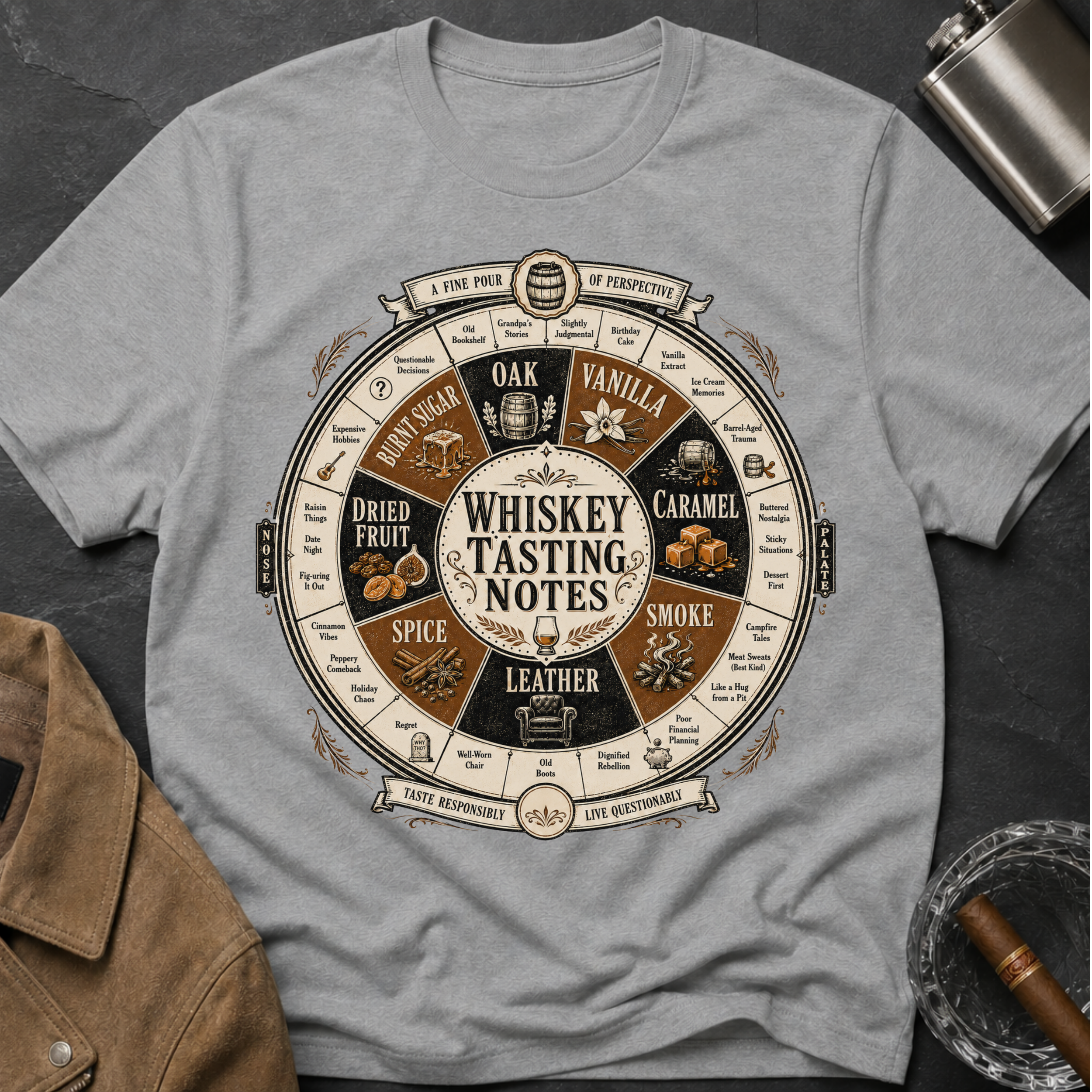 Whiskey Tasting Notes T-Shirt — Vintage Whiskey Flavor Wheel