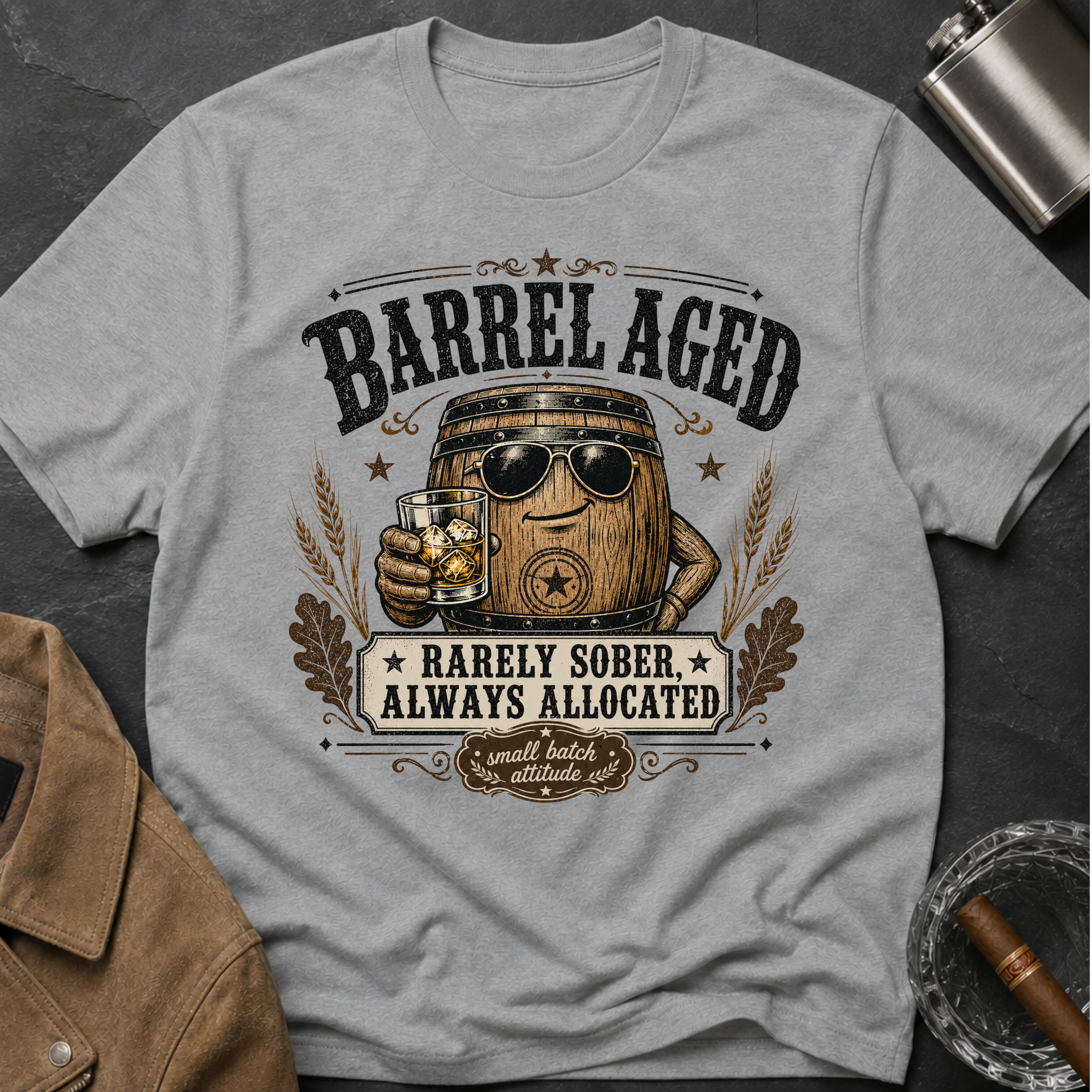 Barrel Aged T-Shirt — "Barrel Aged: Rarely Sober, Always Allocated" Vintage Whiskey Tee
