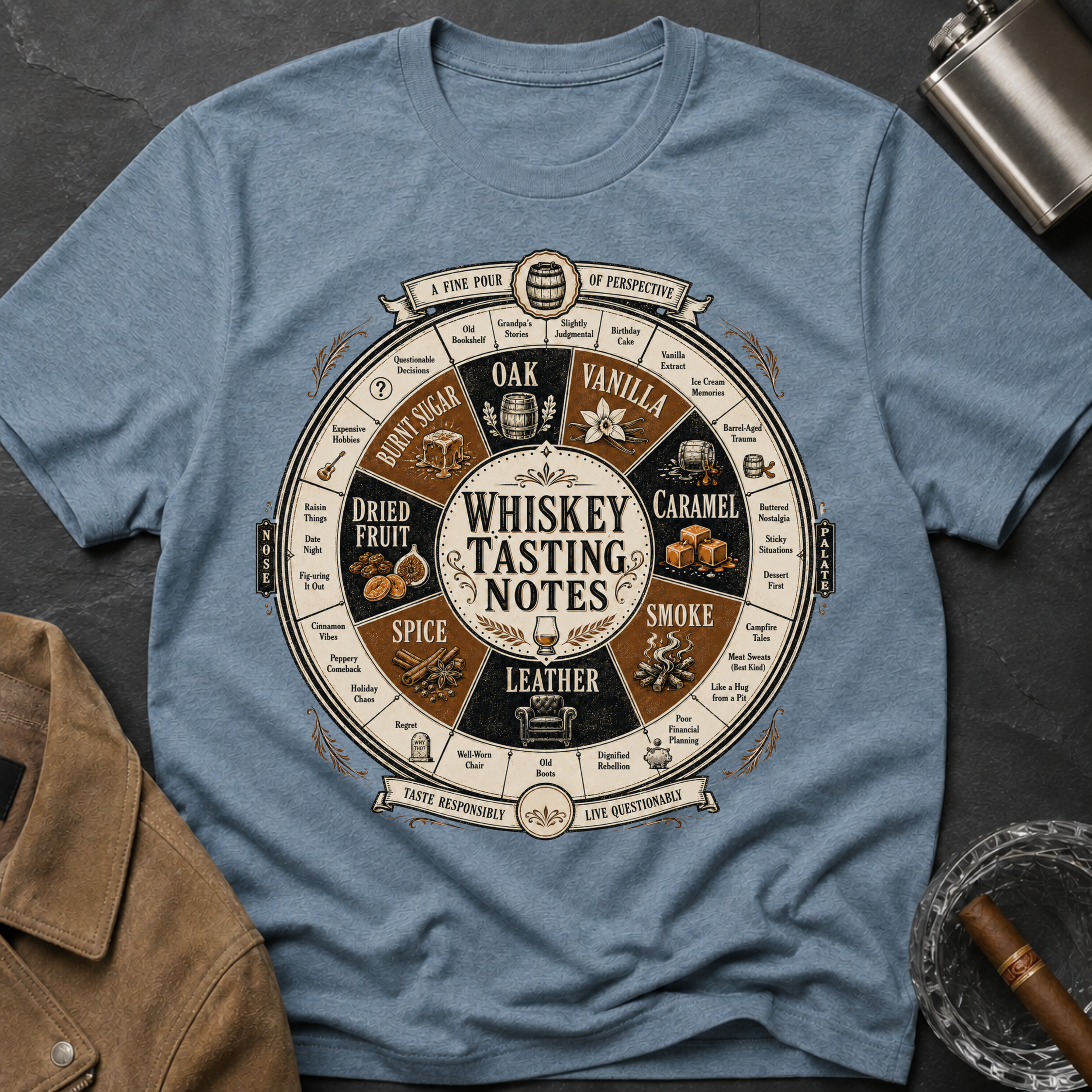 Whiskey Tasting Notes T-Shirt — Vintage Whiskey Flavor Wheel