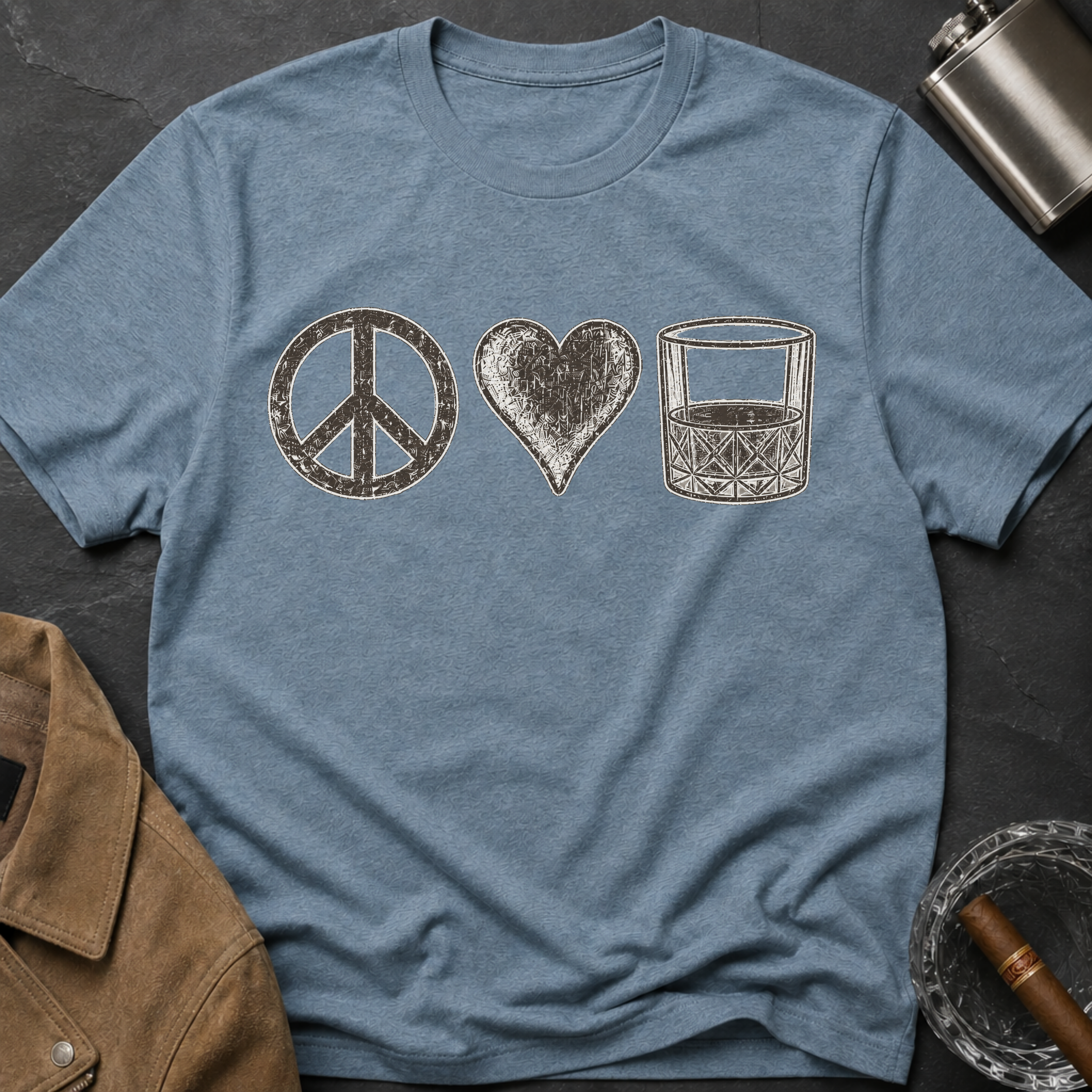 Peace Love Whiskey T-Shirt — Vintage Peace Sign Heart & Whiskey Glass Tee