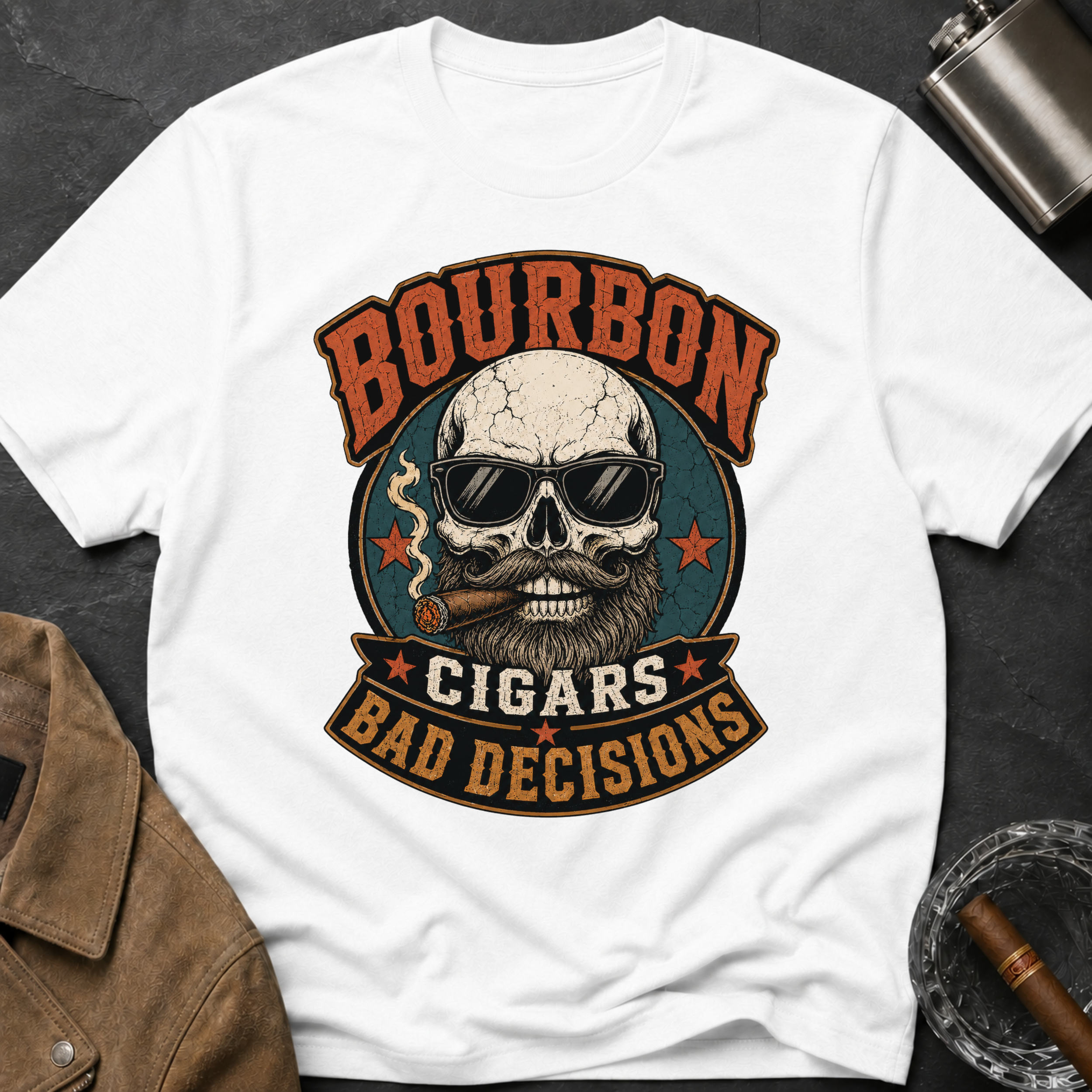 Bourbon Cigars Bad Decisions T-Shirt — Skull Vintage Bourbon Graphic Tee