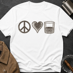 Peace Love Whiskey T-Shirt — Vintage Peace Sign Heart & Whiskey Glass Tee