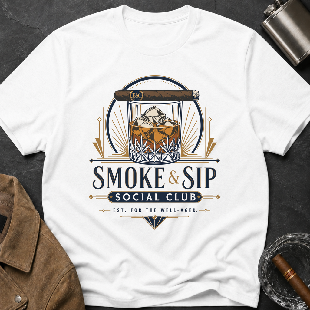 Smoke & Sip T-Shirt — 'Smoke & Sip Social Club' Whiskey Glass & Cigar Design